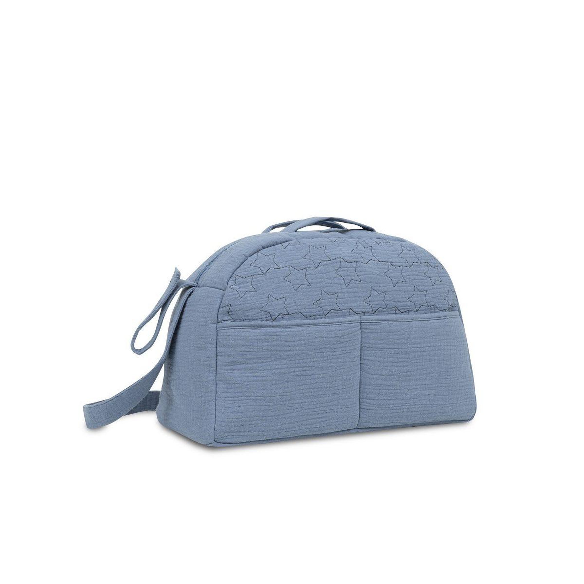 Voir la diapositive 2 : INTERBABY Sac à langer  étoiles - coton mousseline - bleu foncé - trousse et matelas à langer