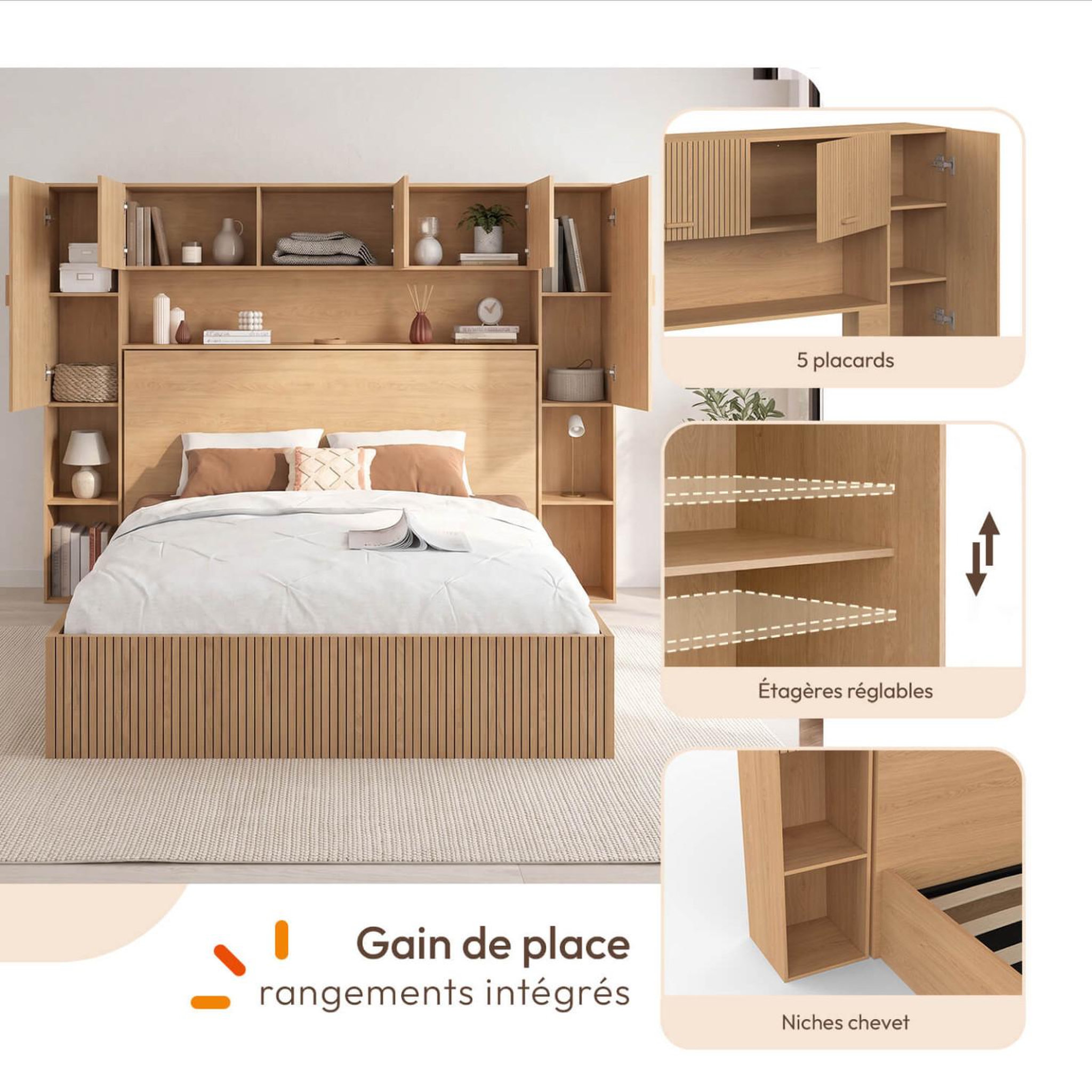 Voir la diapositive 3 : ID MARKET Lit pont coffre double JULIETTE armoire avec rangements et sommier 140 x 190 cm effet lattes tasseau de bois