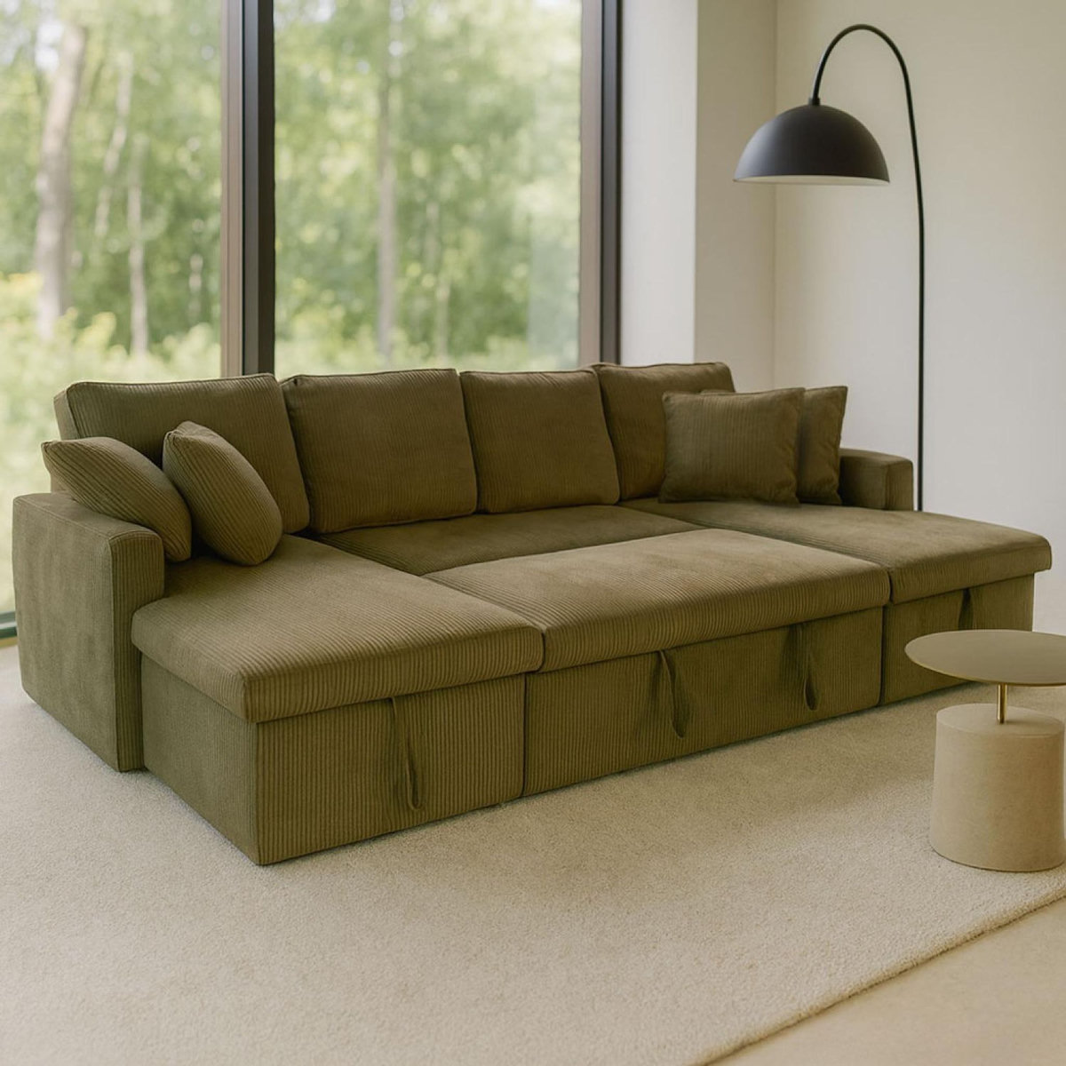 CONCEPT USINE Canapé panoramique convertible avec coffres 4 places en velours côtelé vert MAHÉ