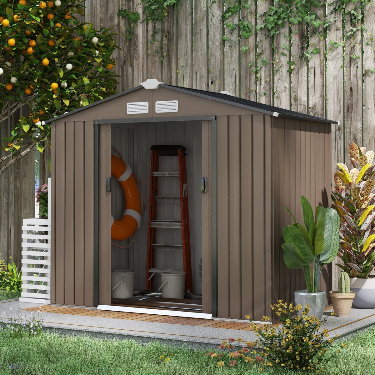 OUTSUNNY Abri de jardin - remise pour outils - cabanon porte verrouillable - dim. 213L x 130l x 185H cm - tôle d'acier chocolat