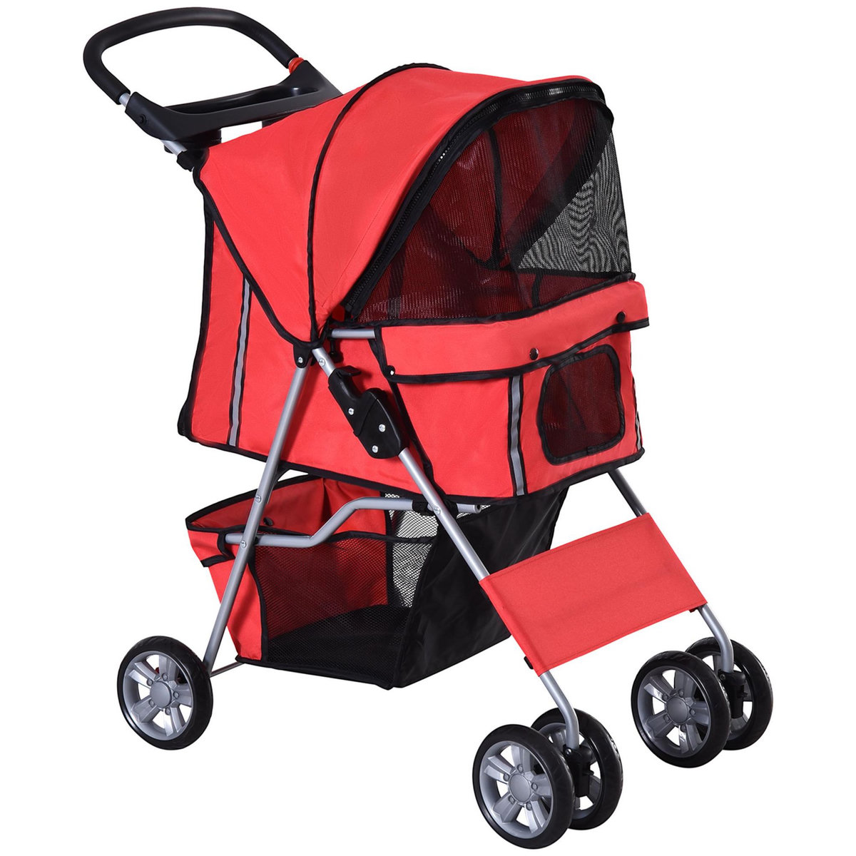 PAWHUT Poussette buggy pliable animaux chariot pliant chien chat porte-gobelet panier de rangement inclus roues avec frein tissu 600D Oxford métal rouge