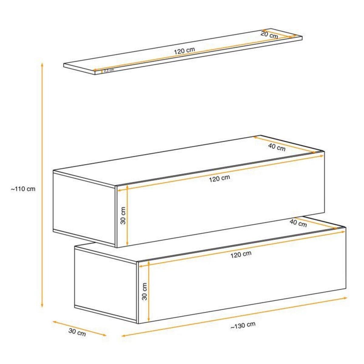 Paris Prix Lot de 2 Bancs Muraux & Étagère  Switch SBII  130cm Gris