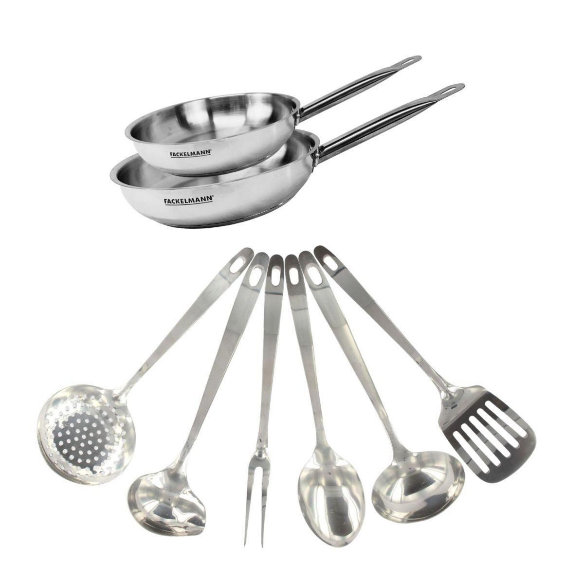 Fackelmann Set de 2 poêles de 20 et 24 cm en inox et 6 ustensiles inox Fackelmann Eterna