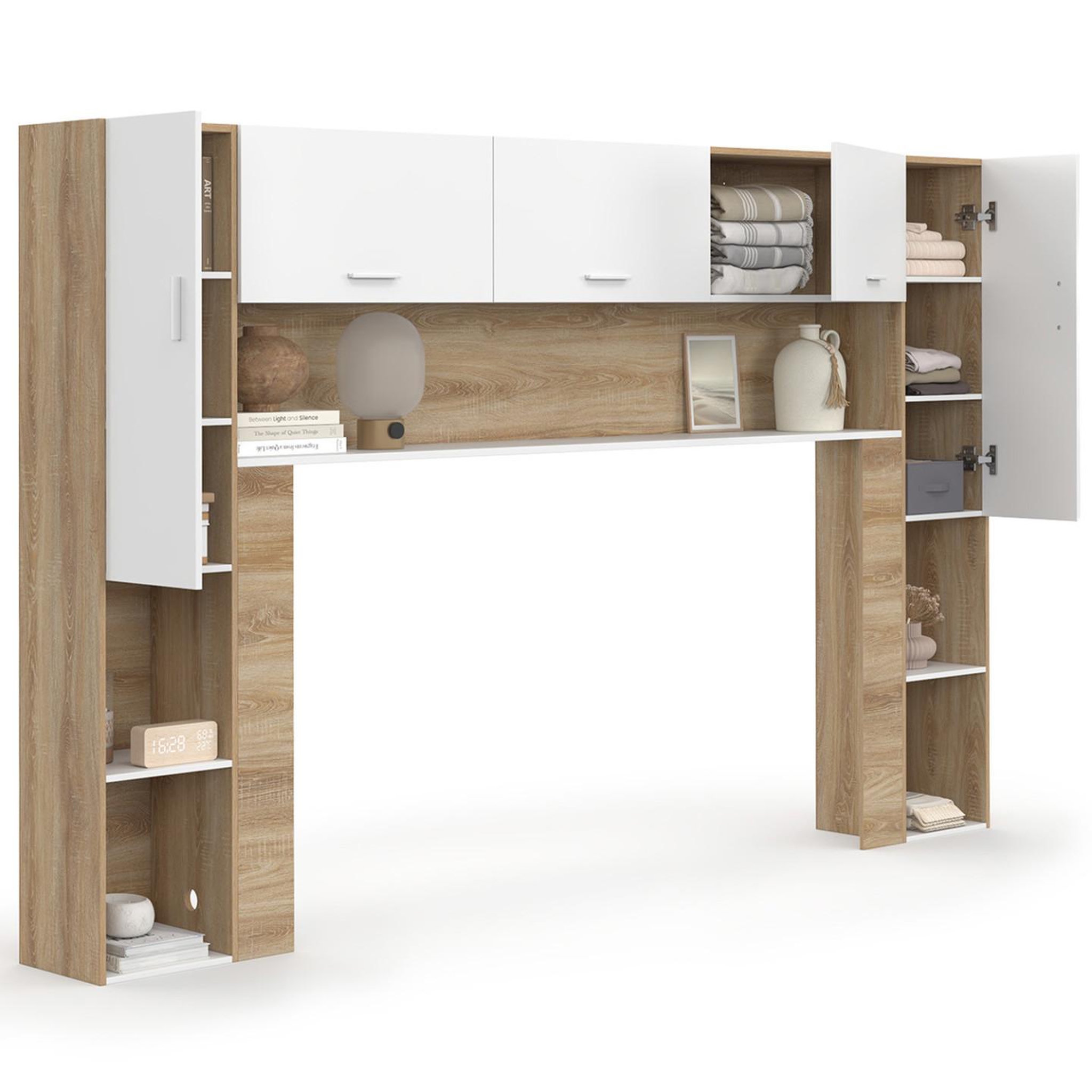 Voir la diapositive 4 : ID MARKET Pont de lit bridget 226 cm avec rangements bois et blanc