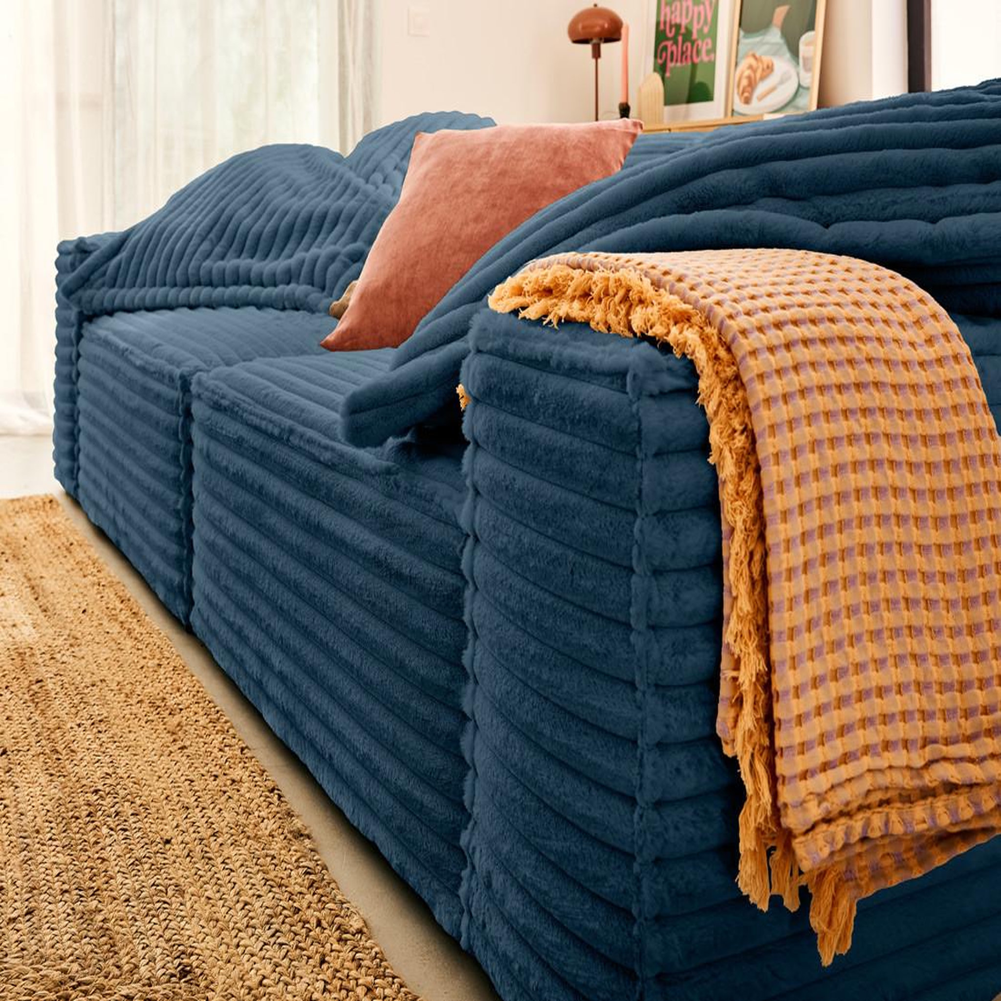 Voir la diapositive 3 : LISA DESIGN Richie - canapé droit 3 places avec double méridienne - assise profonde - en fausse fourrure côtelée