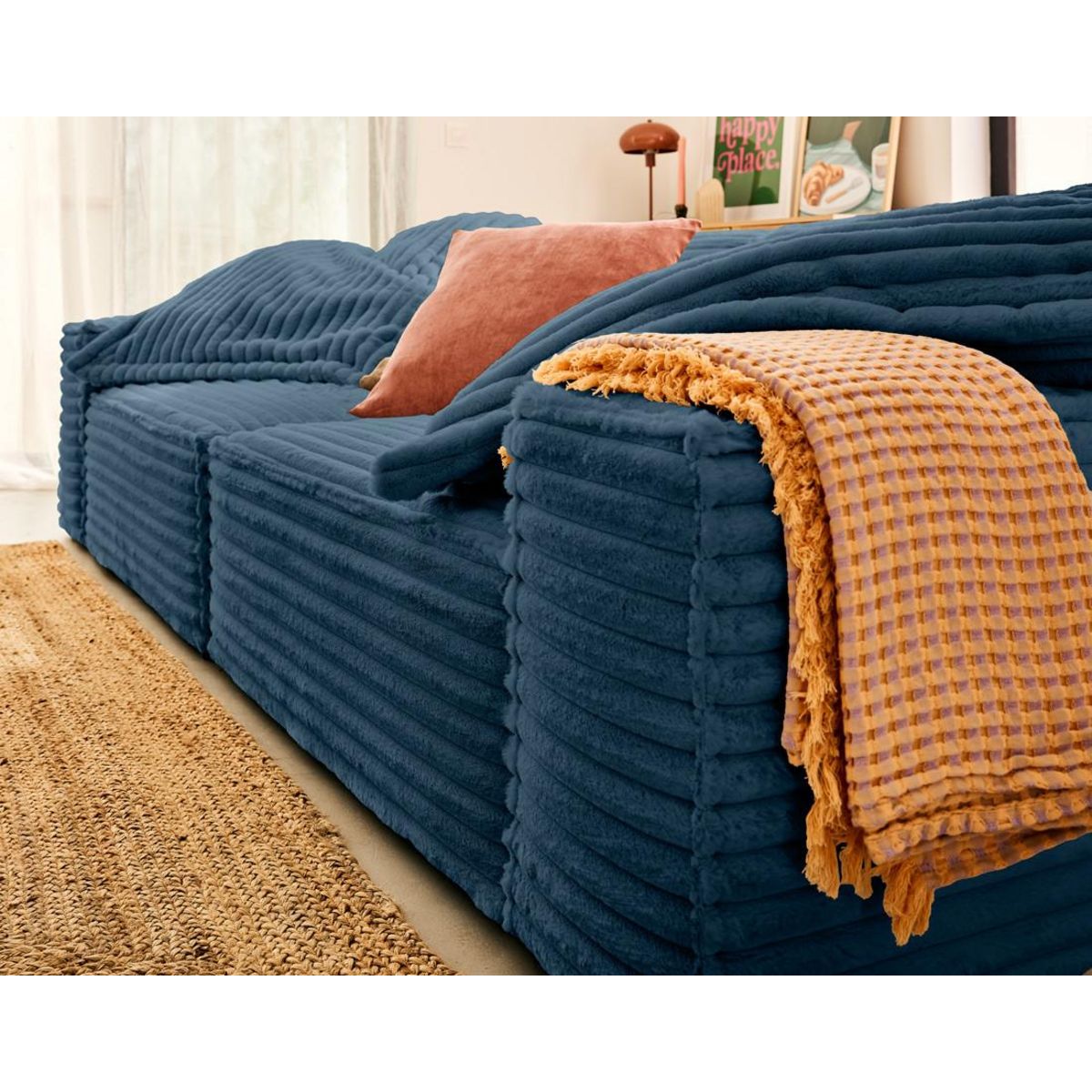 LISA DESIGN Richie - canapé droit 3 places avec double méridienne - assise profonde - en fausse fourrure côtelée