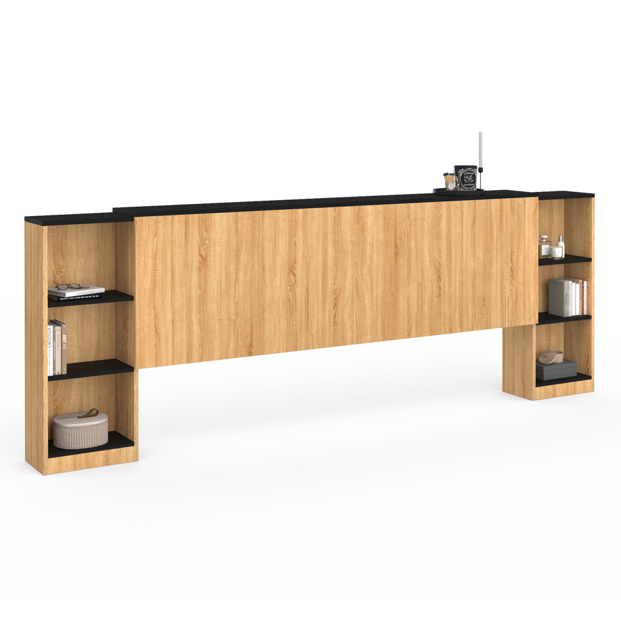 ID MARKET Tête de lit sur pied extensible avec chevets coulissants catba pour lit 140 et 160 cm façon bois et noir