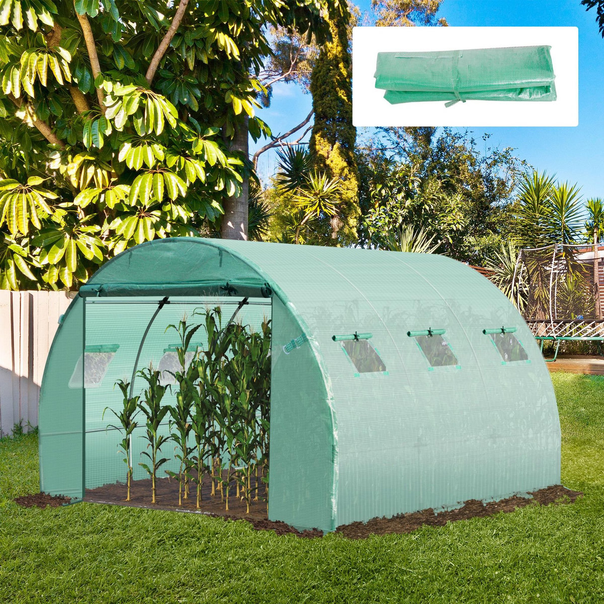 OUTSUNNY Bâche de rechange serre tunnel 9 m², bâche dim. 3L x 3l x 2H m PE anti-UV imperméable 6 fenêtres + porte enroulable zippée vert