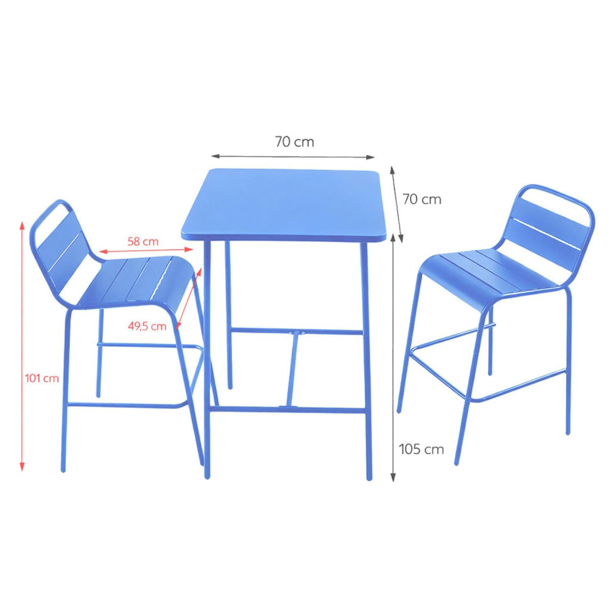 CONCEPT USINE Ensemble table de bar et 2 chaises hautes d'extérieur bleu BERGAME