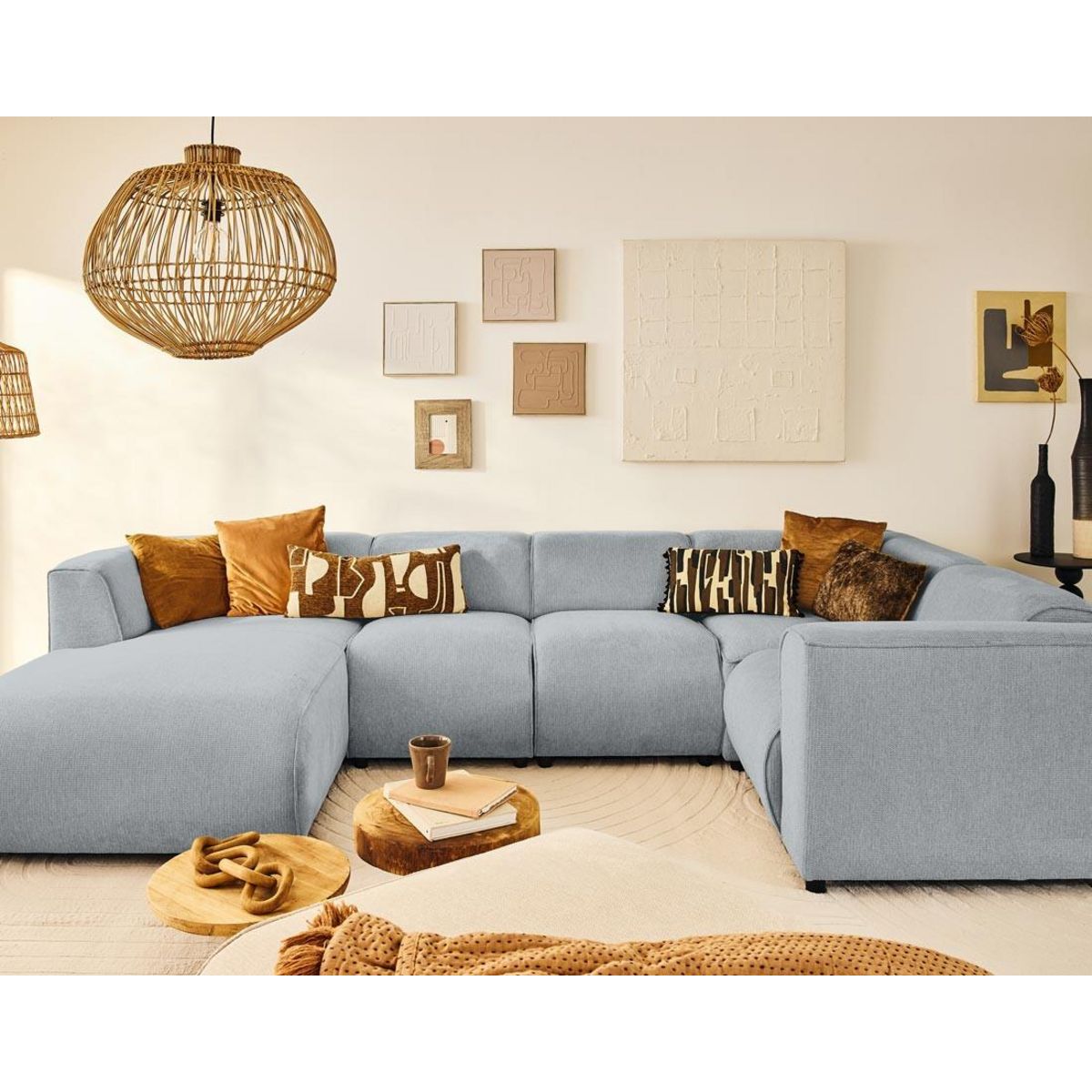 LISA DESIGN Suaro - canapé modulable panoramique d'angle droit 7 places en tissu texturé