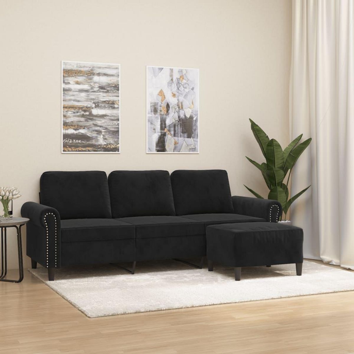 VIDAXL Canape a 3 places avec repose-pieds Noir 180 cm Velours