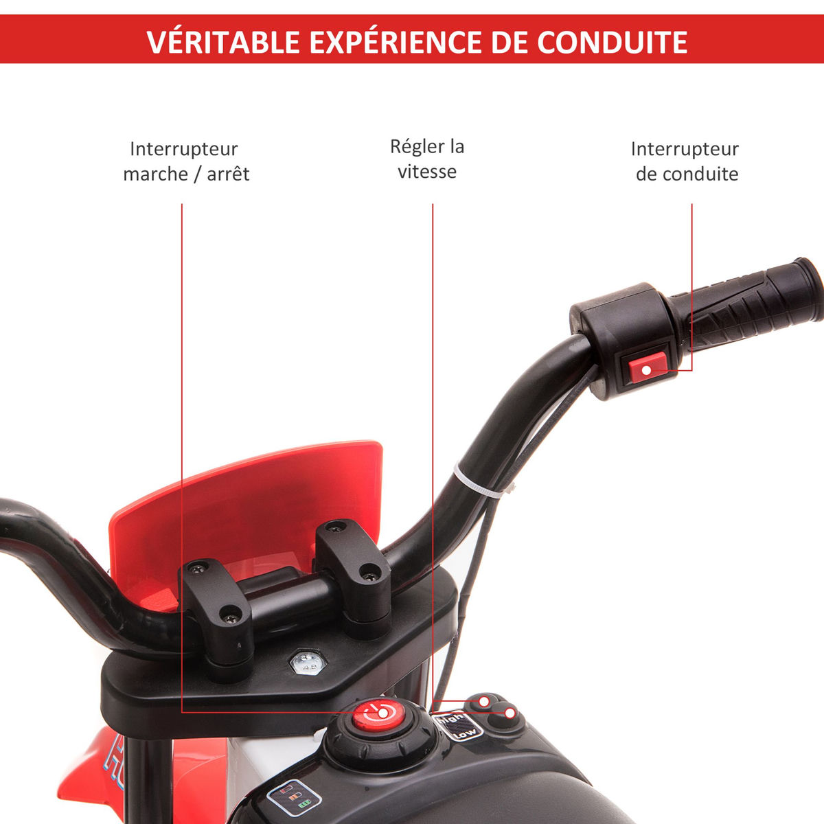 HOMCOM Moto cross électrique enfant 3 à 5 ans 12 V 3-8 Km/h  avec roulettes latérales amovibles dim. 106,5L x 51,5l x 68H cm rouge