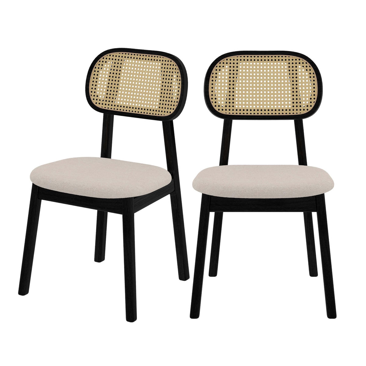 Rendez vous déco Lot de 2 chaises en bois noir, tissu beige et rotin synthétique-Maria