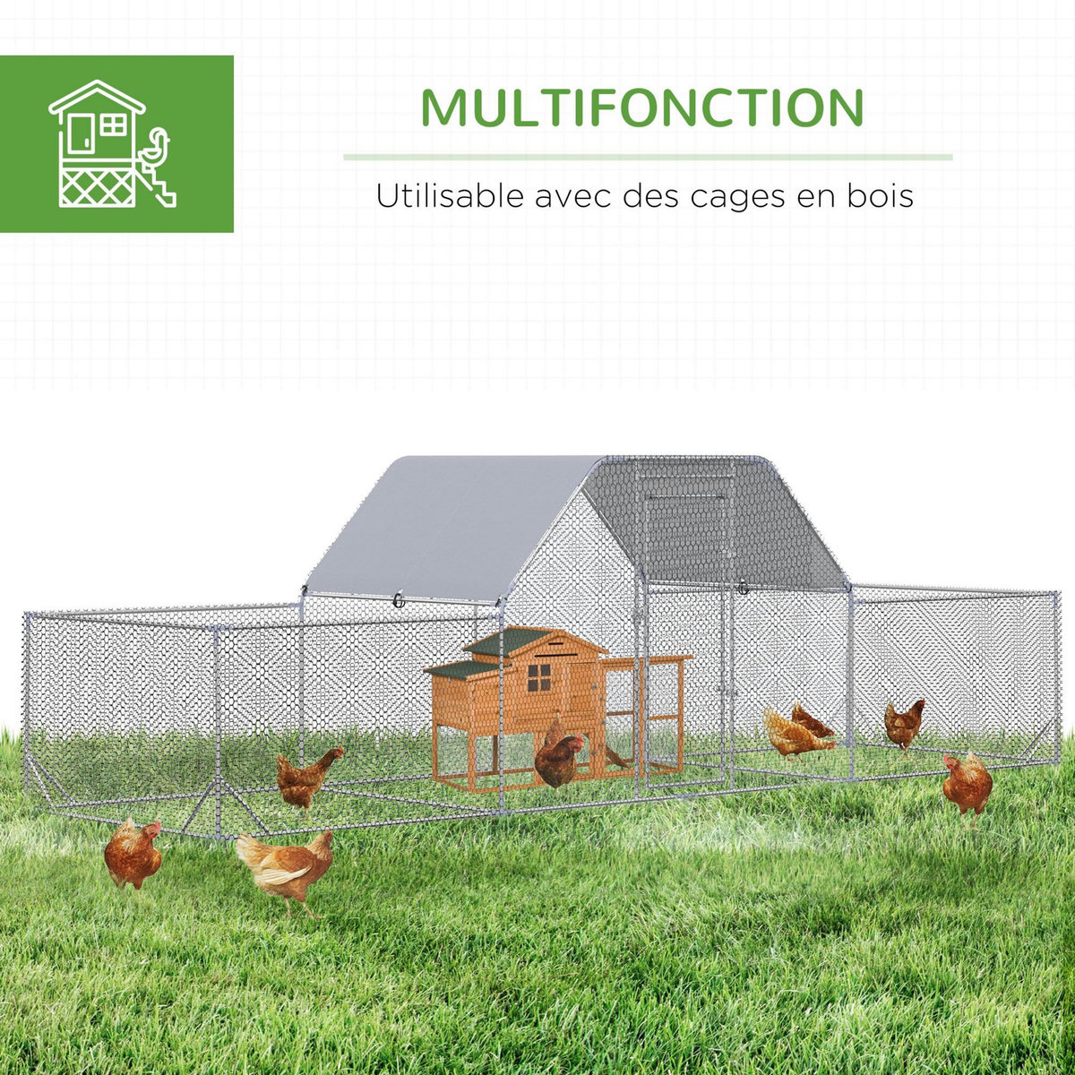 PAWHUT Enclos poulailler chenil 12,54 m² - parc grillagé dim 6,6L x 1,9l x 1,95H m - espace couvert - acier galvanisé