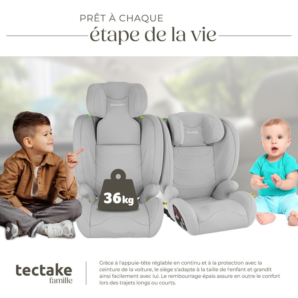 tectake Siège auto norme i-size et base isofix avec protection contre les chocs latéraux gris clair