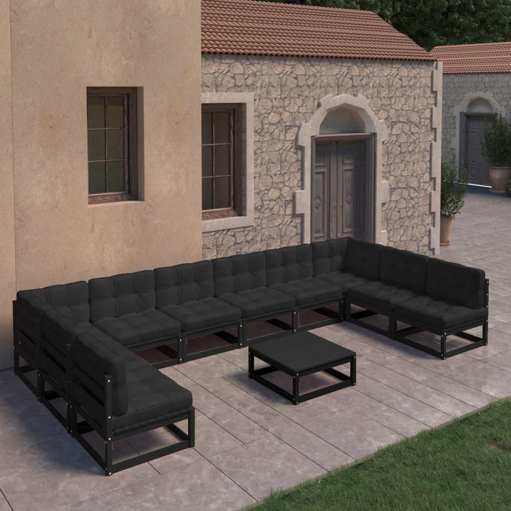 Voir la diapositive 1 : VIDAXL Salon de jardin 11 pcs avec coussins Noir Bois de pin massif