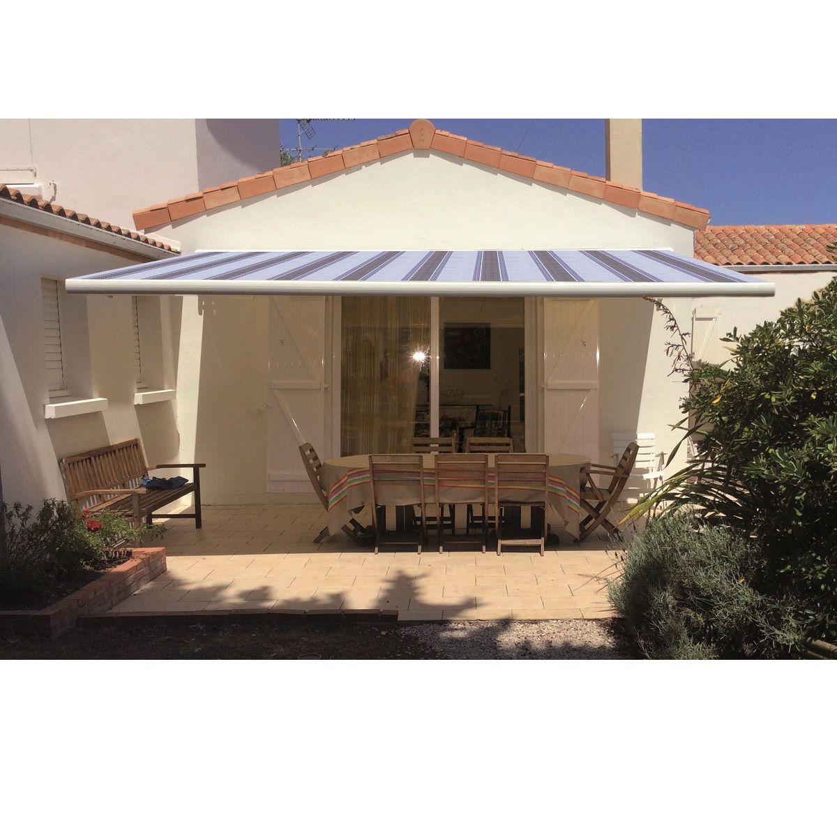INTERSUN Store motorisé ROMA 5x3m toile rayée coffre intégral blanc 