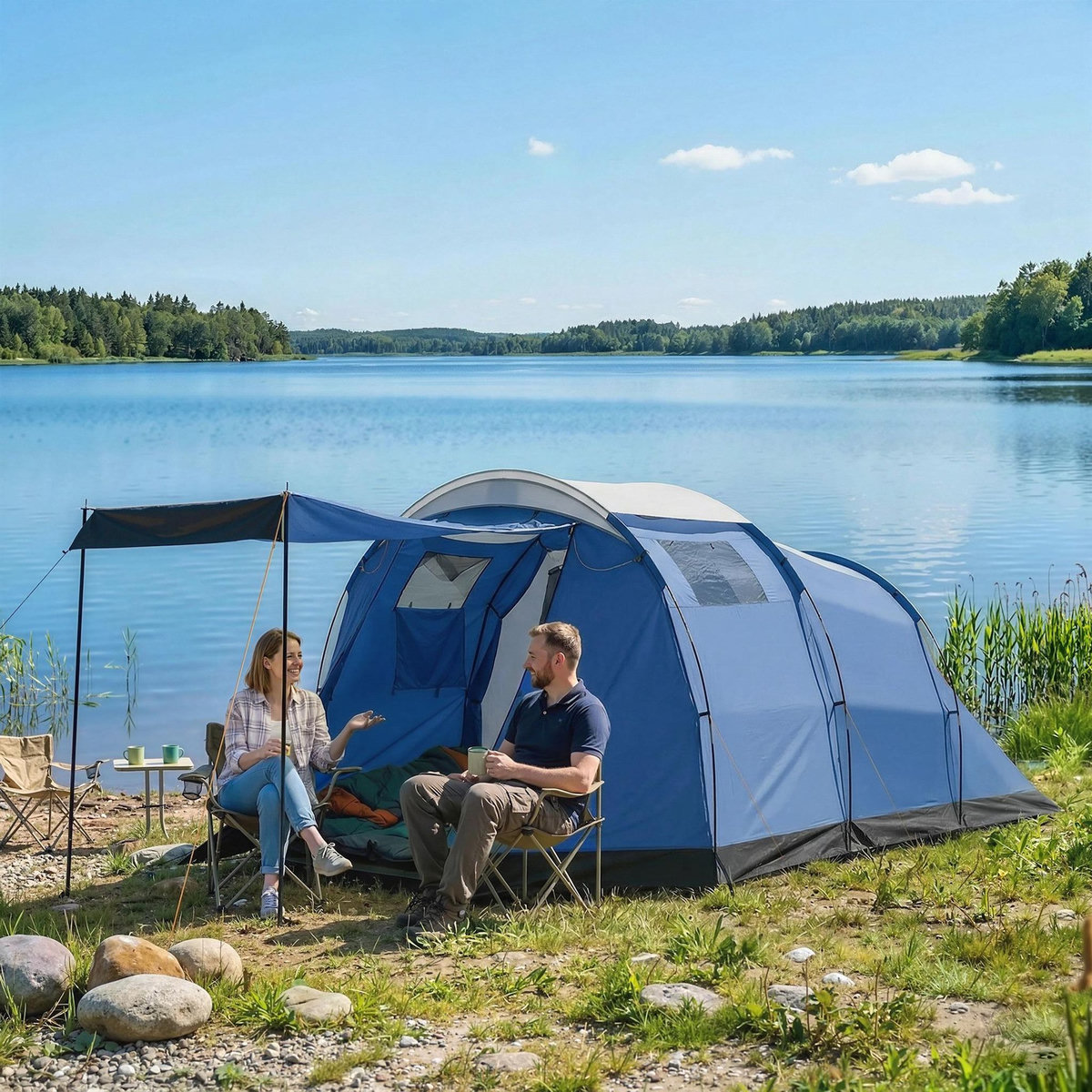 OUTSUNNY Tente de camping tunnel 4 pers. imperméable 3000mm chambre séjour auvent