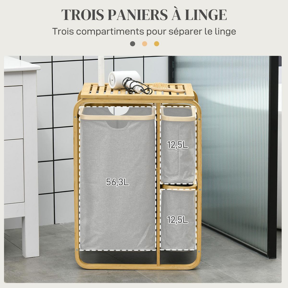 HOMCOM Panier à linge corbeille à linge bac linge sale 3 paniers amovibles bambou non-tissé gris