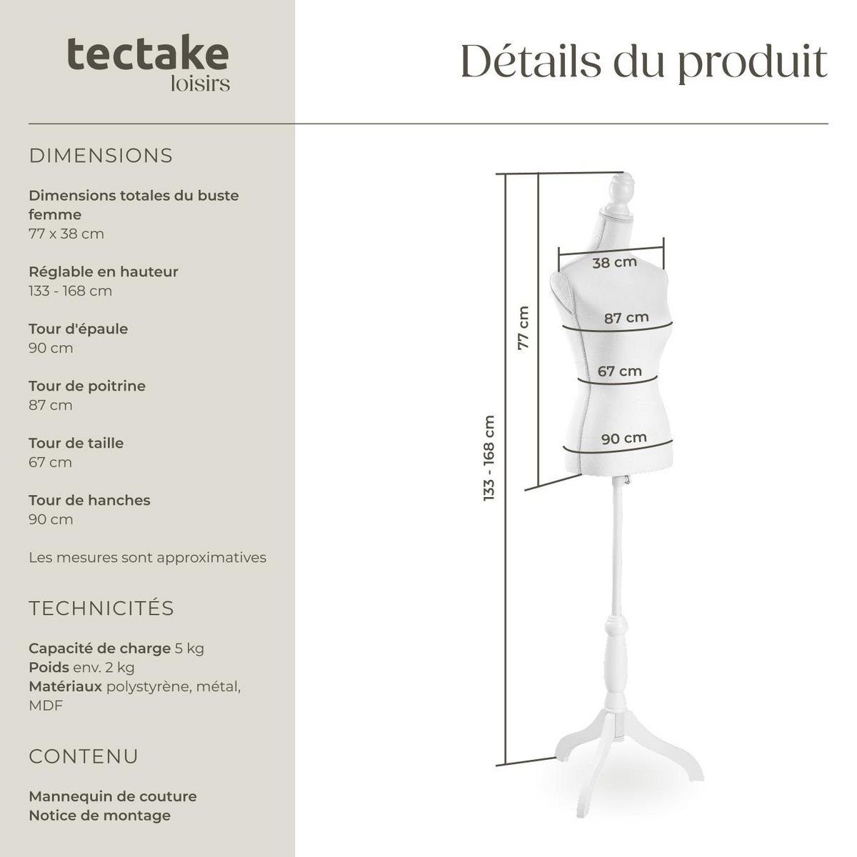 tectake Mannequin de couture torse blanc