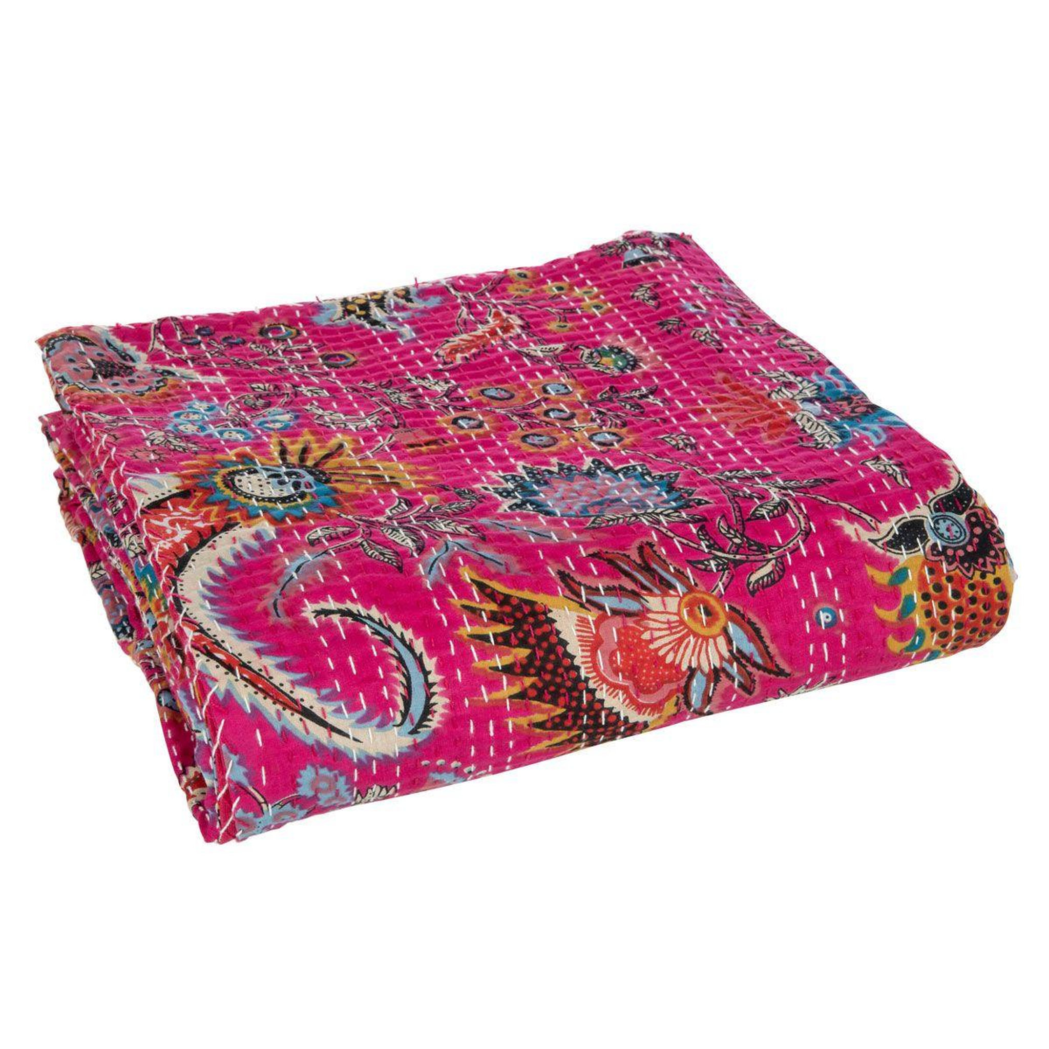 Voir la diapositive 1 : J-LINE Plaid en Coton Imprimé  Floral  220x270cm Rose