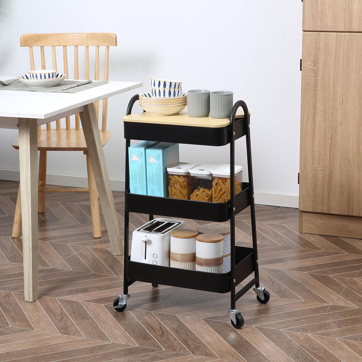 HOMCOM Desserte de cuisine chariot de service design industriel 3 étagères plateau amovible aspect bois clair acier