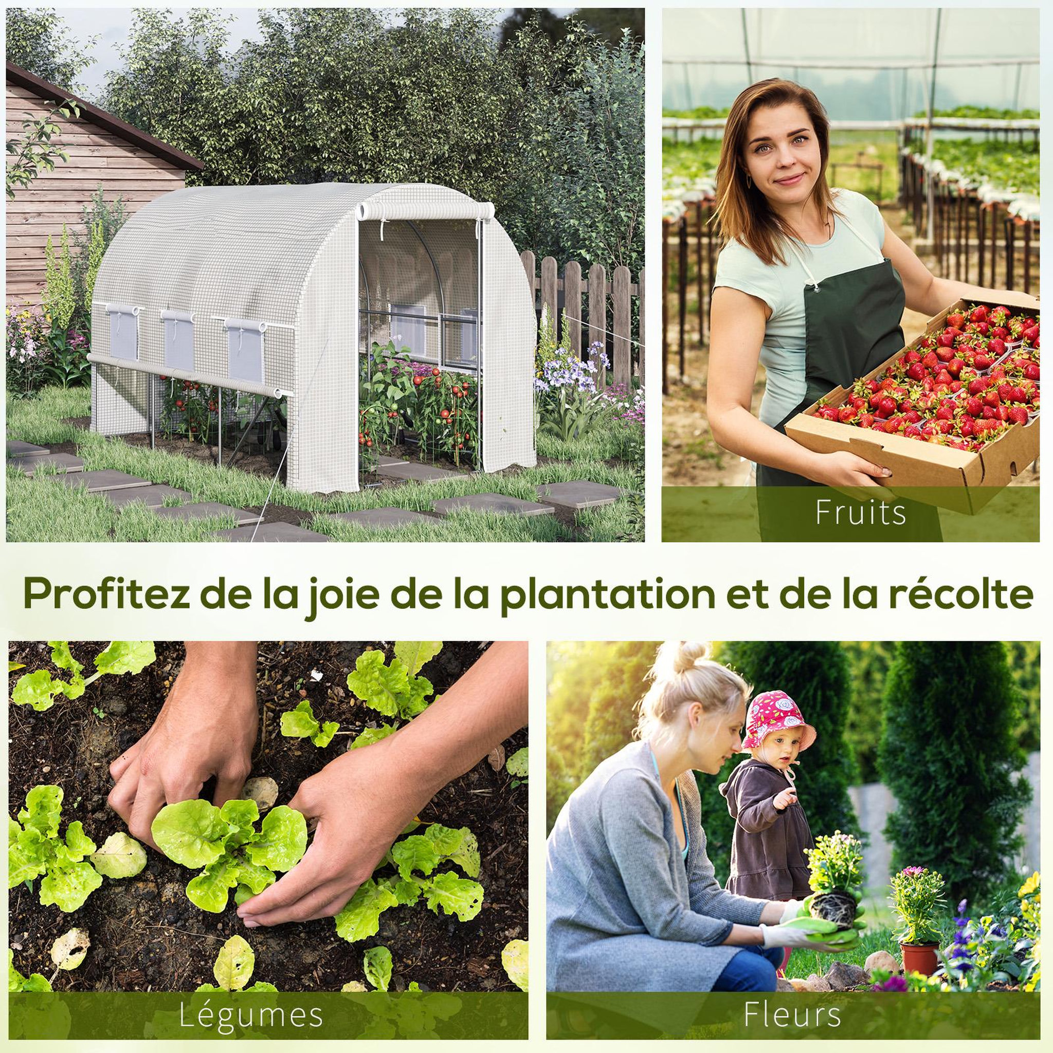 Voir la diapositive 6 : OUTSUNNY Serre de jardin tunnel 6 m² 6 fenêtres porte zippée acier galvanisé pe blanc