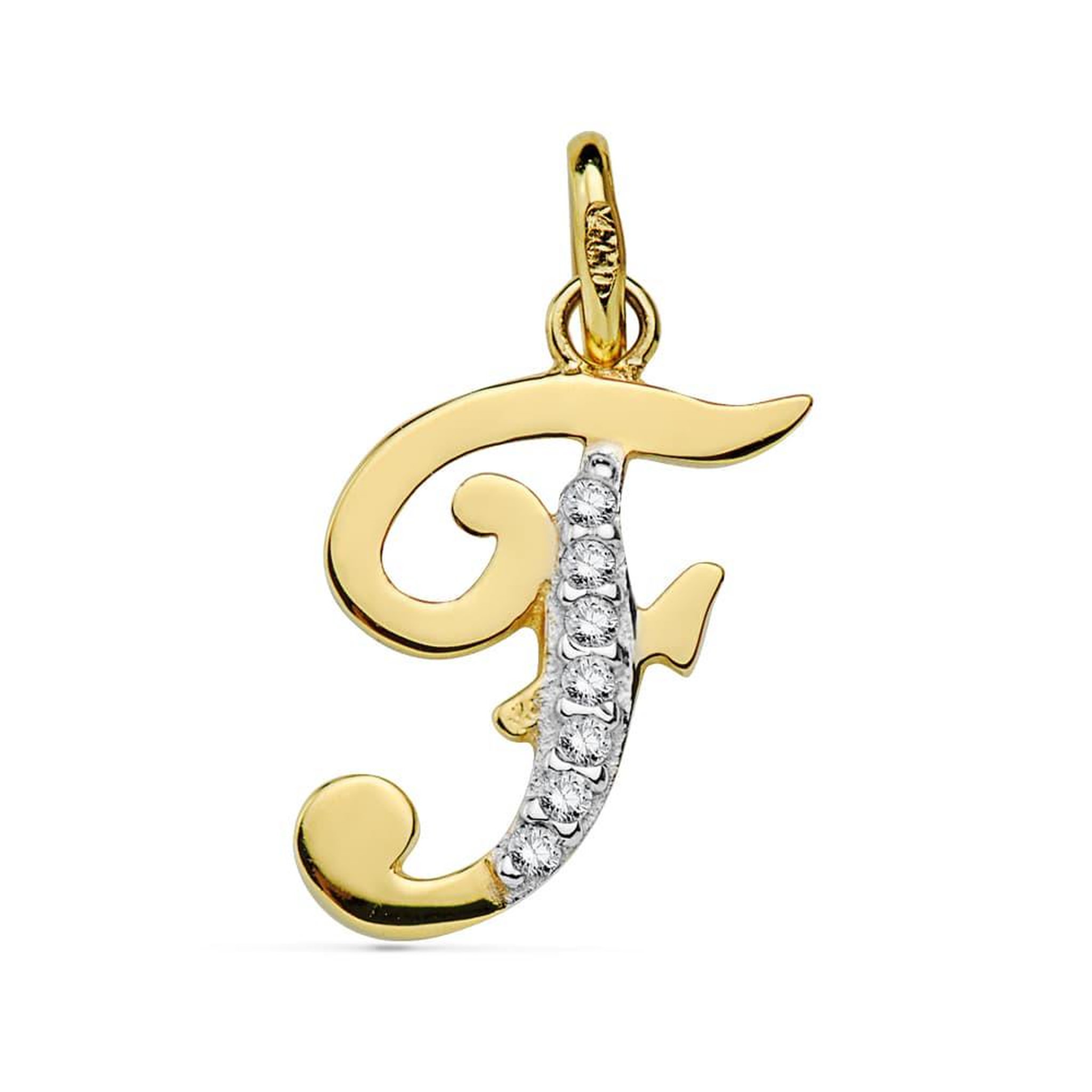 L'ATELIER D'AZUR Pendentif Or 18 Carats 750 Jaune Serti de Zirconiums - Initiale Lettre  F  - Chaine Offerte