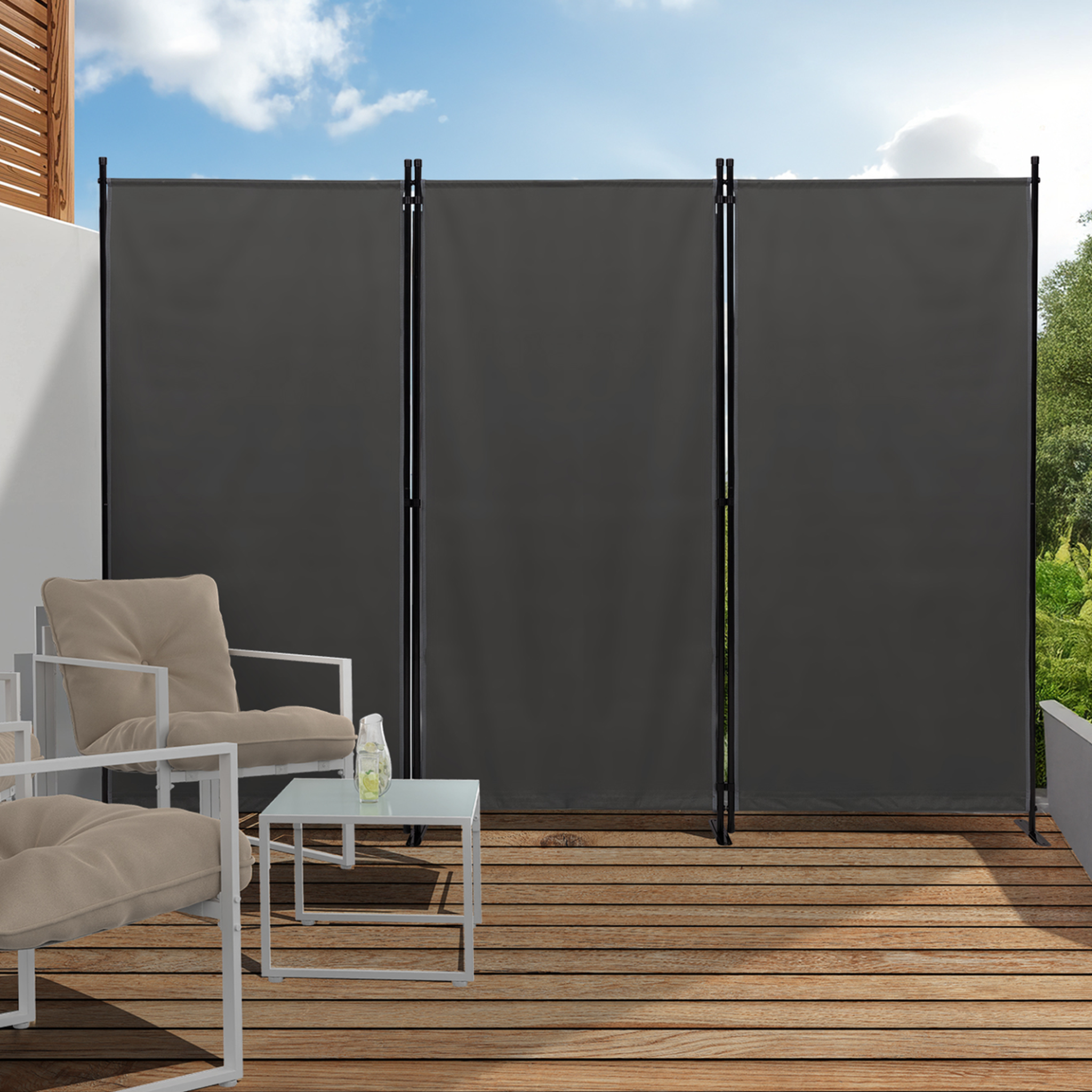 Voir la diapositive 2 : ID MARKET Paravent intérieur et extérieur sur pieds 3 panneaux 250 x 180 cm gris anthracite séparateur store latéral