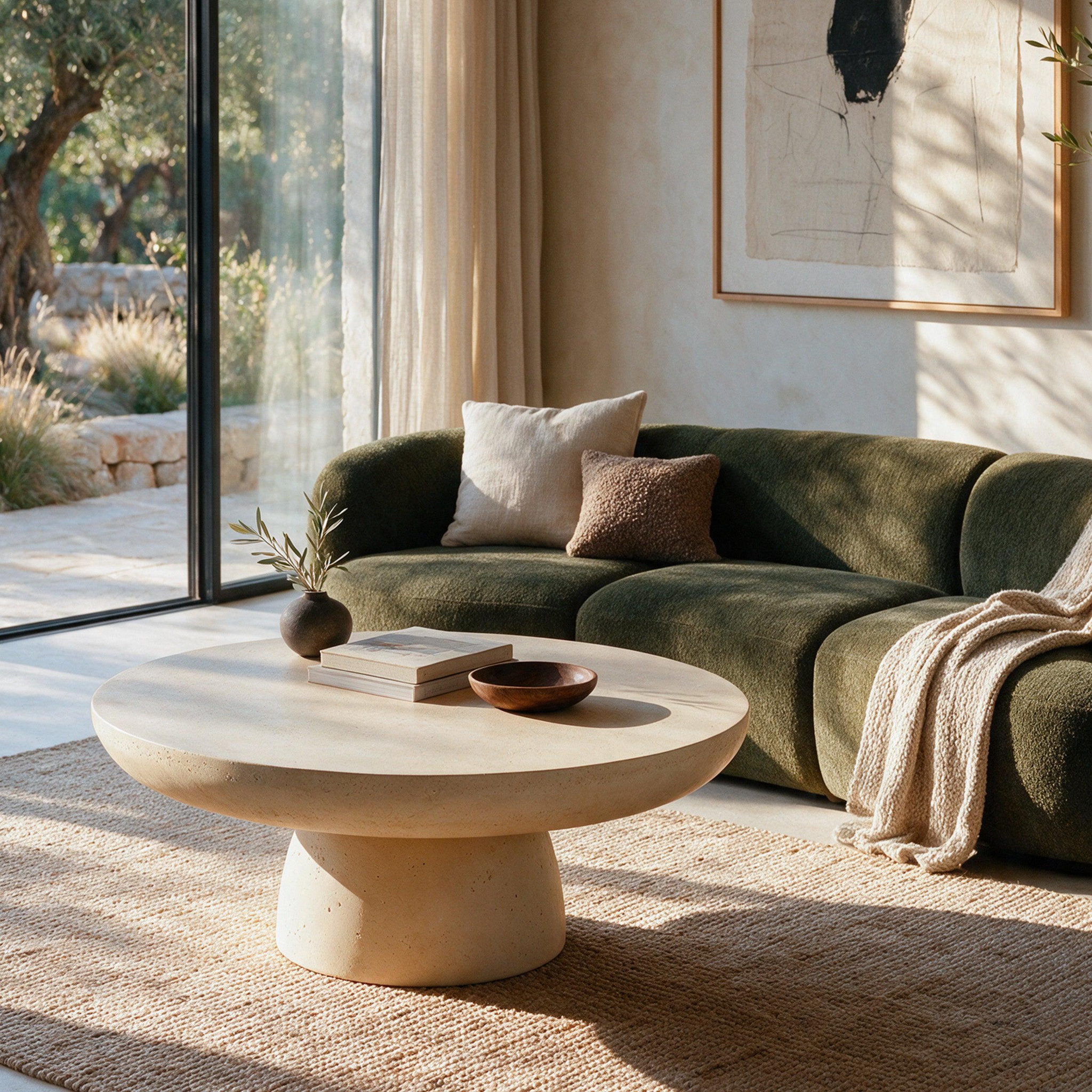 Voir la diapositive 5 : MAISON PAVANE Table basse ronde beige en fibre d'argile effet béton D90 cm-Paros