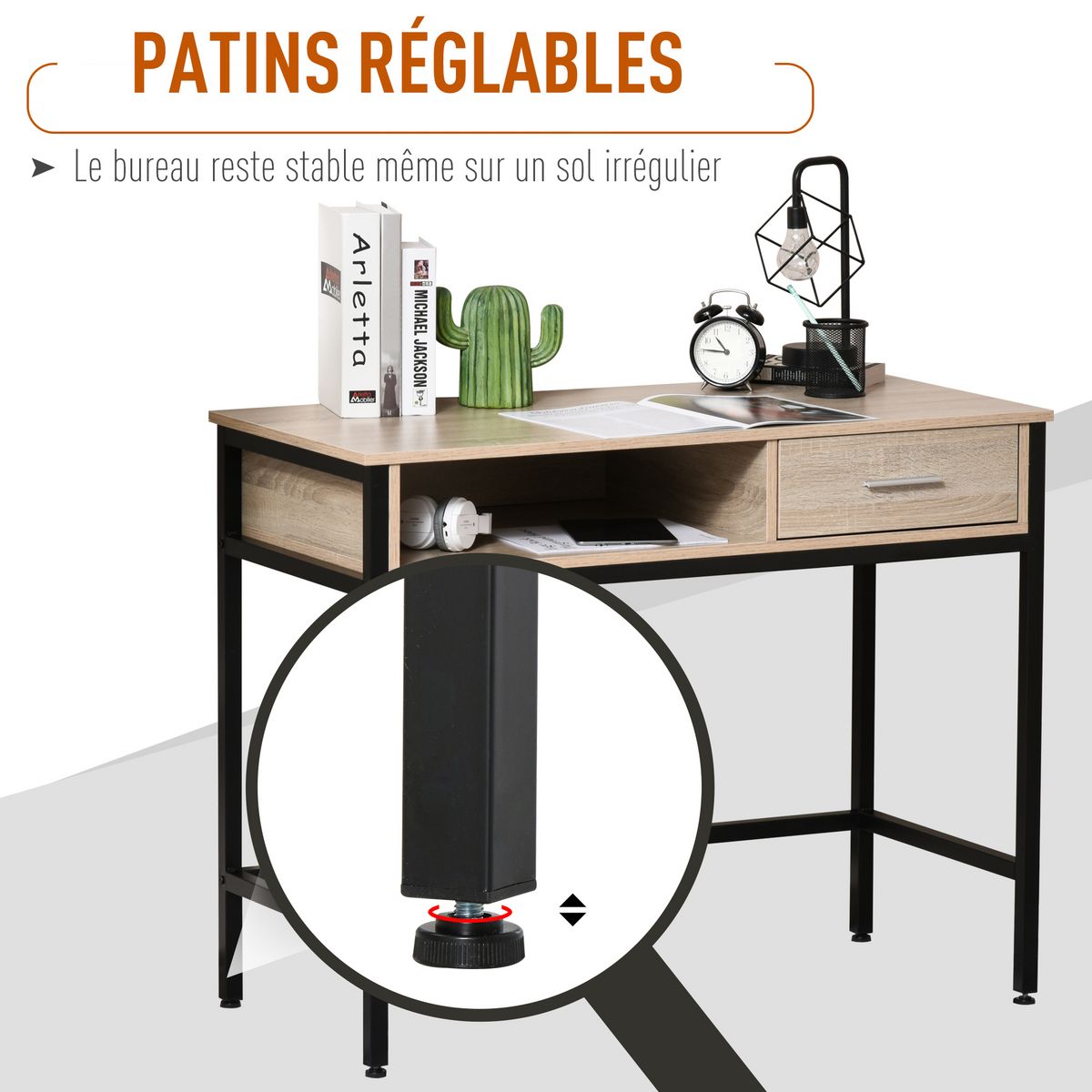 HOMCOM Bureau style industriel casier + tiroir coulissant châssis métal noir plateau panneaux particules chêne clair