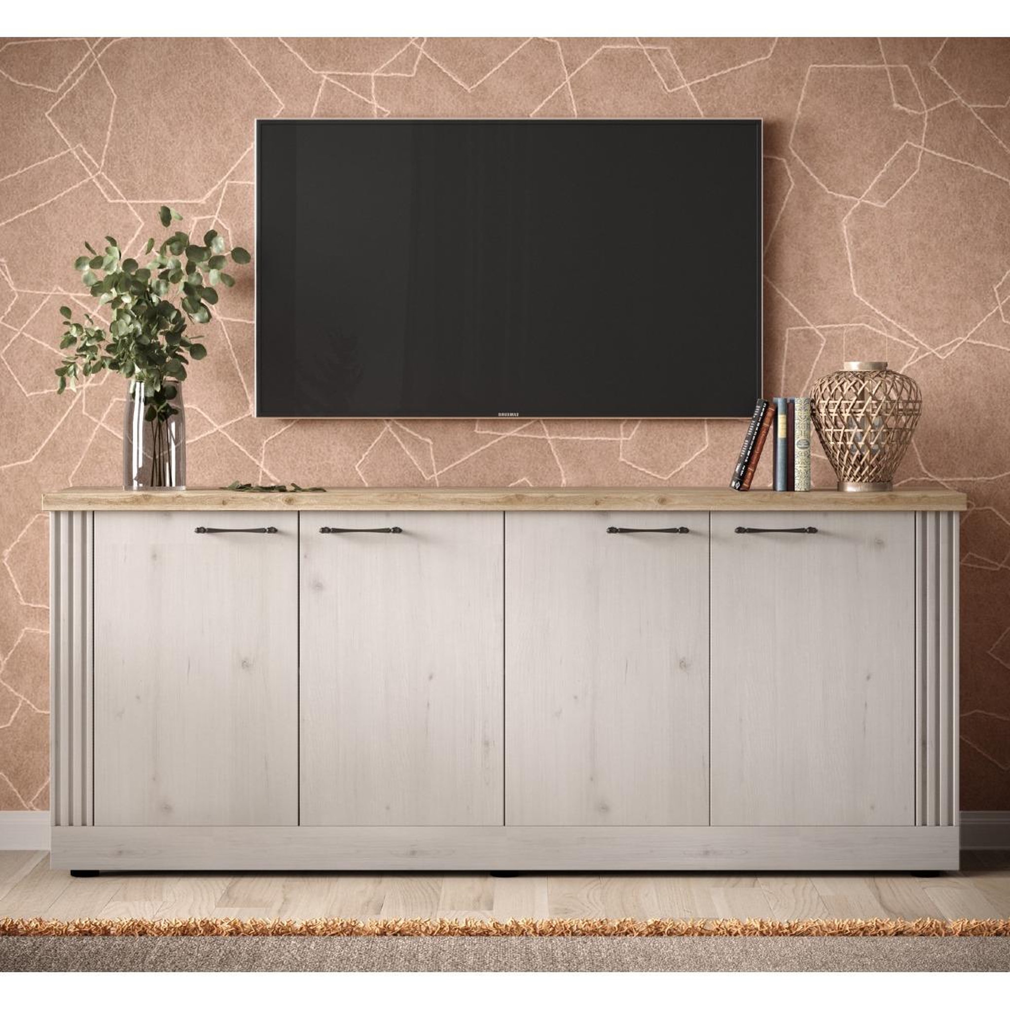 Voir la diapositive 2 : JLC KREATION Buffet moderne 4 portes coloris chêne naturel 210cm YANIS