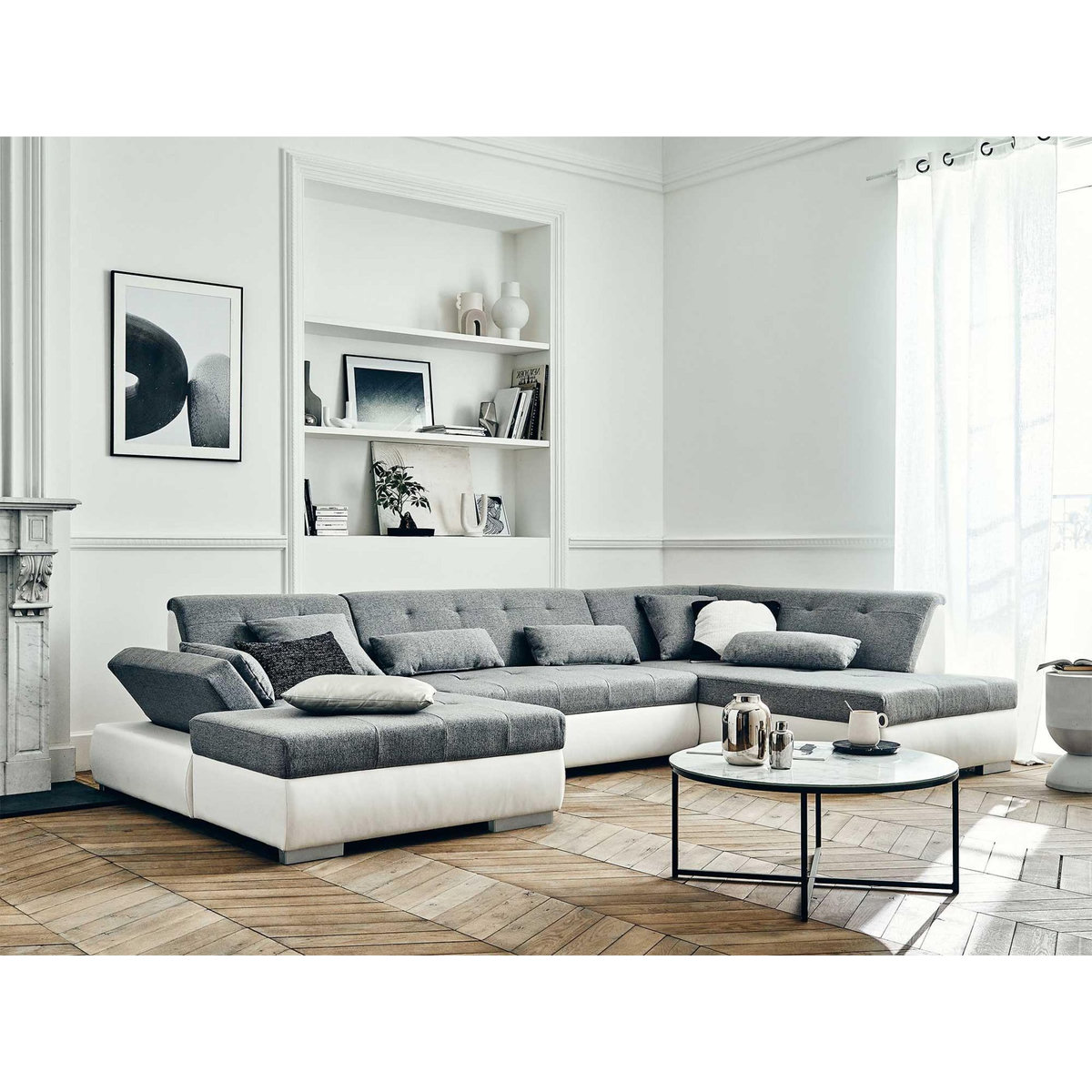 LISA DESIGN Vermont - canapé panoramique d'angle droit - 7 places - convertible - en simili et tissu