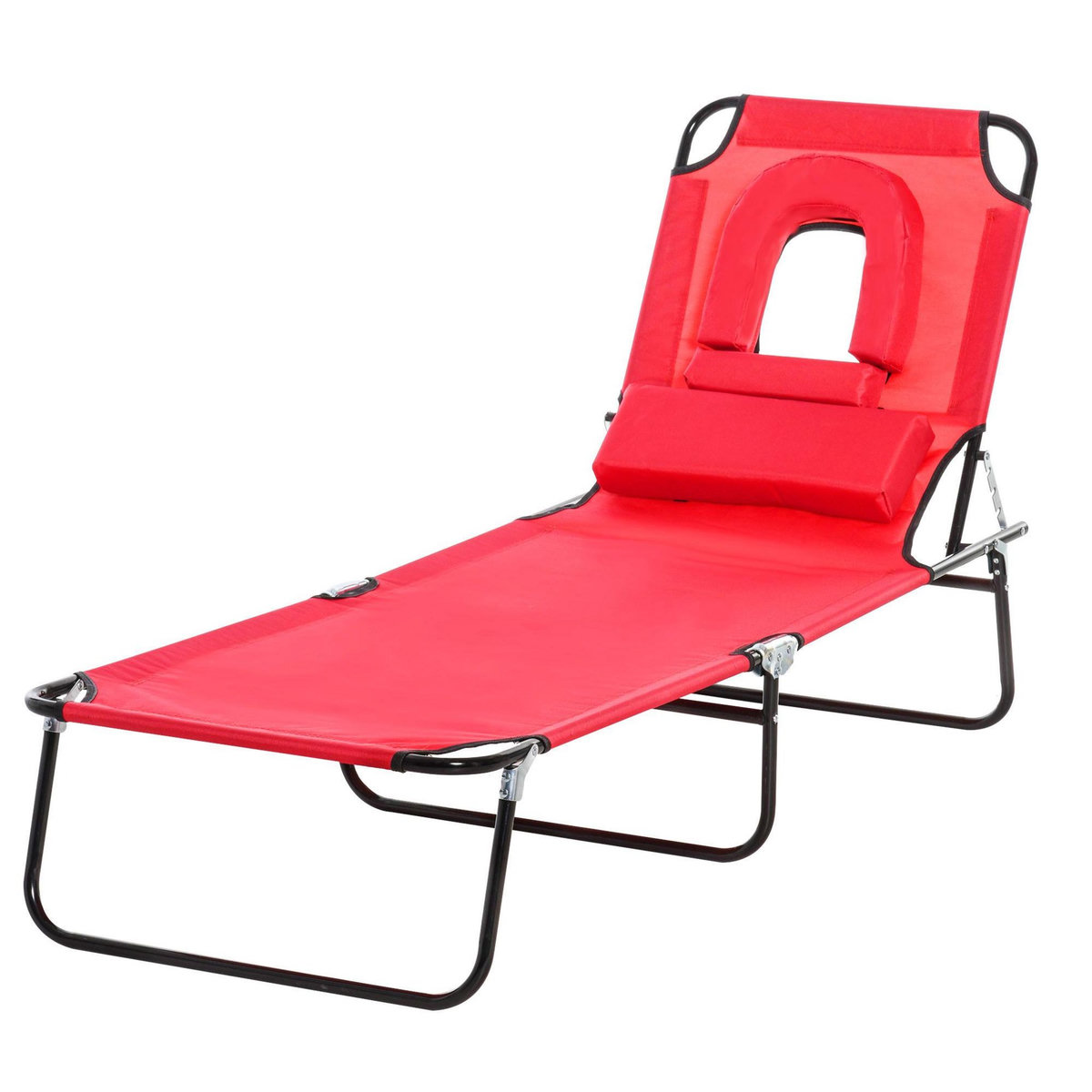OUTSUNNY Bain de soleil pliable transat inclinable 4 positions chaise longue de lecture 3 coussins fournis rouge