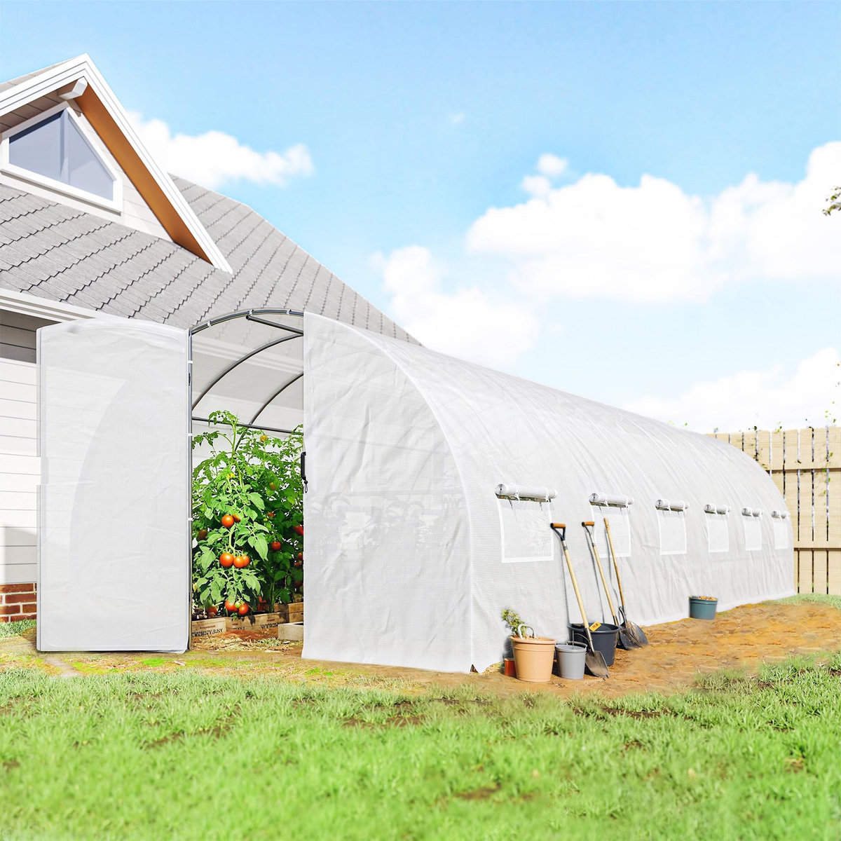 OUTSUNNY Serre tunnel de jardin 24 m² porte 12 fenêtres acier PE blanc