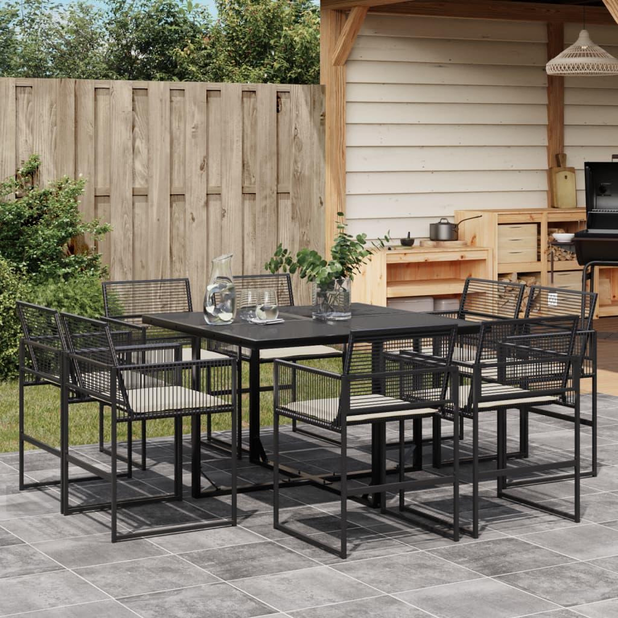 VIDAXL Ensemble a manger de jardin 9pcs coussins noir resine tressee