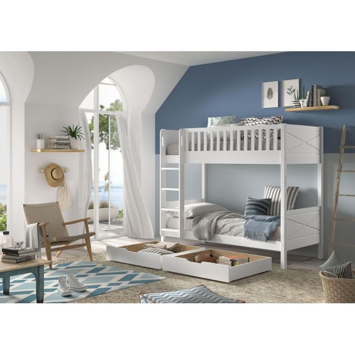 Paris Prix Pack - Lit Superposé Enfant & 2 Tiroirs  Scott  Blanc