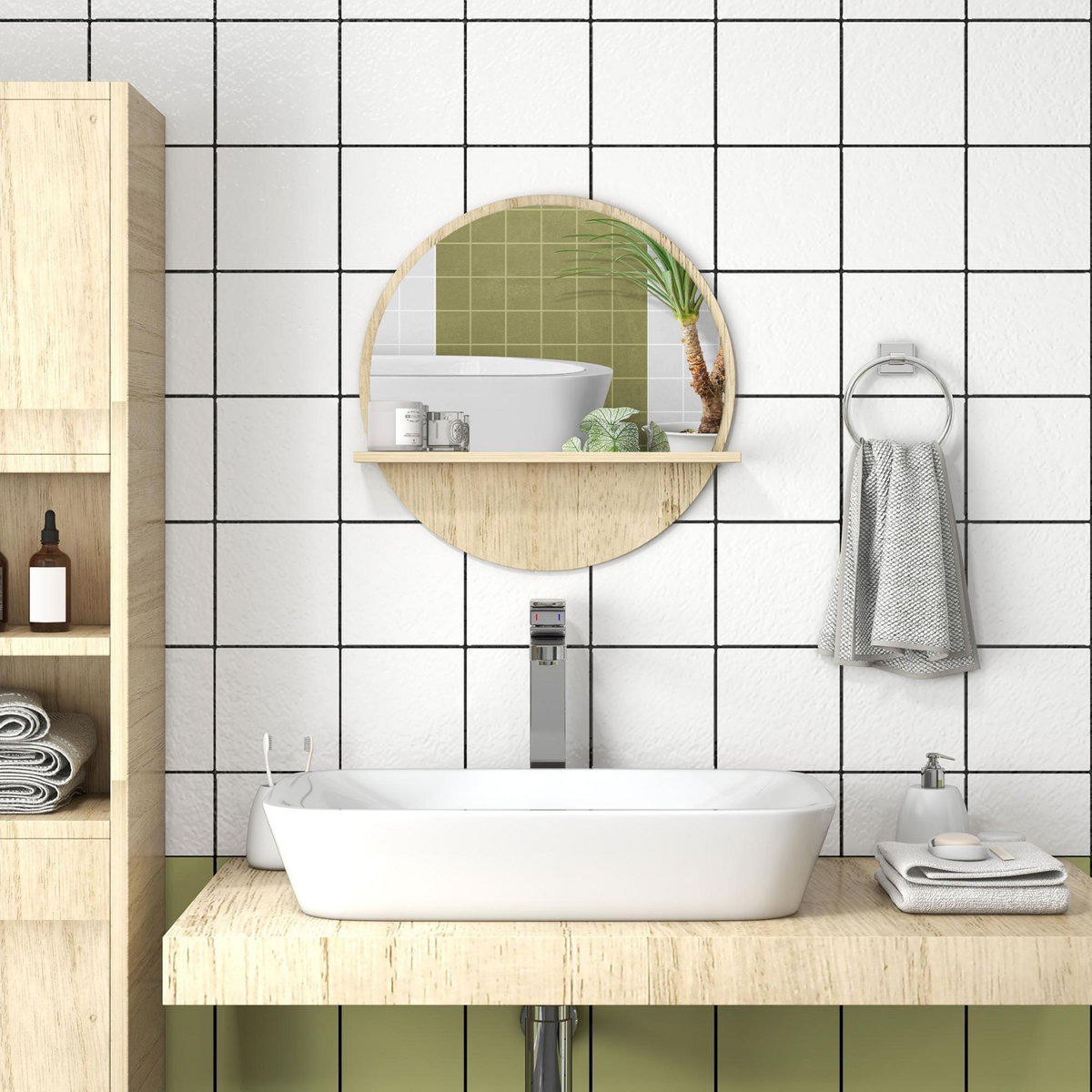 KLEANKIN Miroir rond mural de salle de bain style cosy avec étagère - Ø 45 cm - effet bois naturel