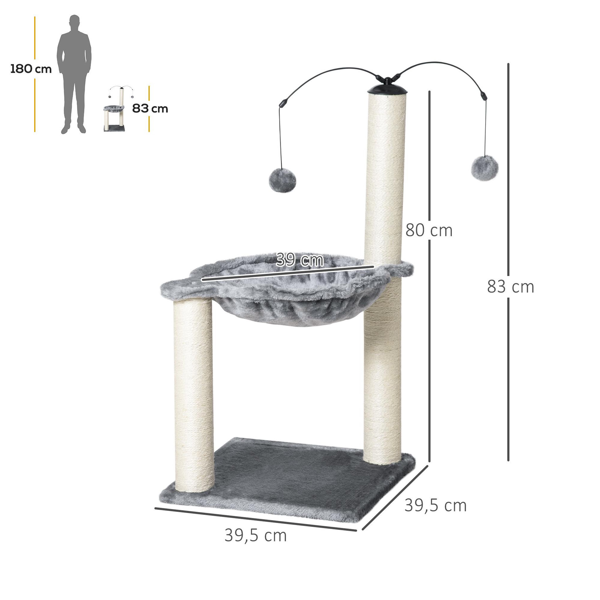 Voir la diapositive 3 : PAWHUT Arbre à chat 2 griffoirs grattoirs sisal naturel hamac jeu 2 boules suspendues peluche haute densité 400 g/m² gris