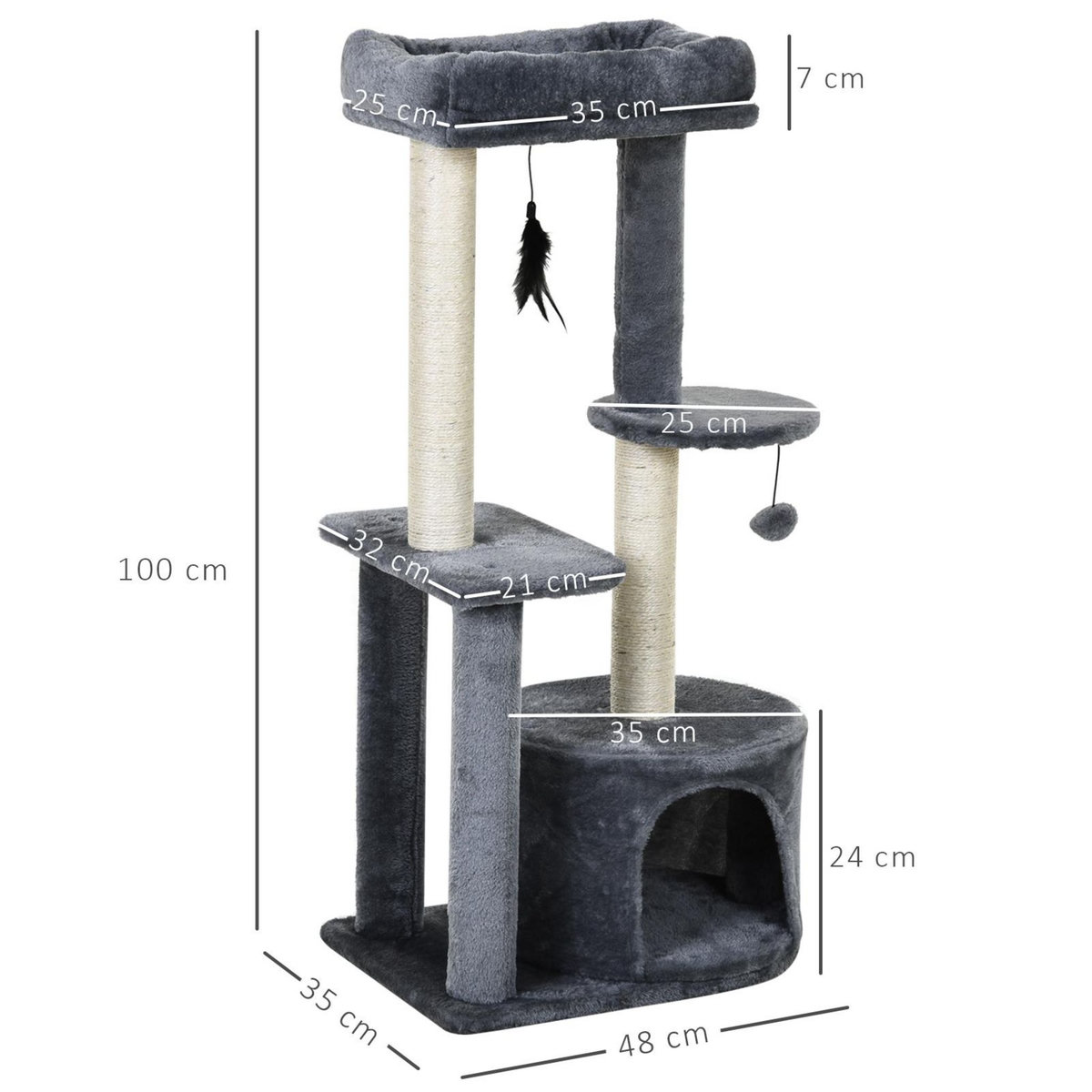 PAWHUT Arbre à chats avec griffoirs grattoirs sisal naturel centre d'activités niche plateformes 2 jouets suspendus gris