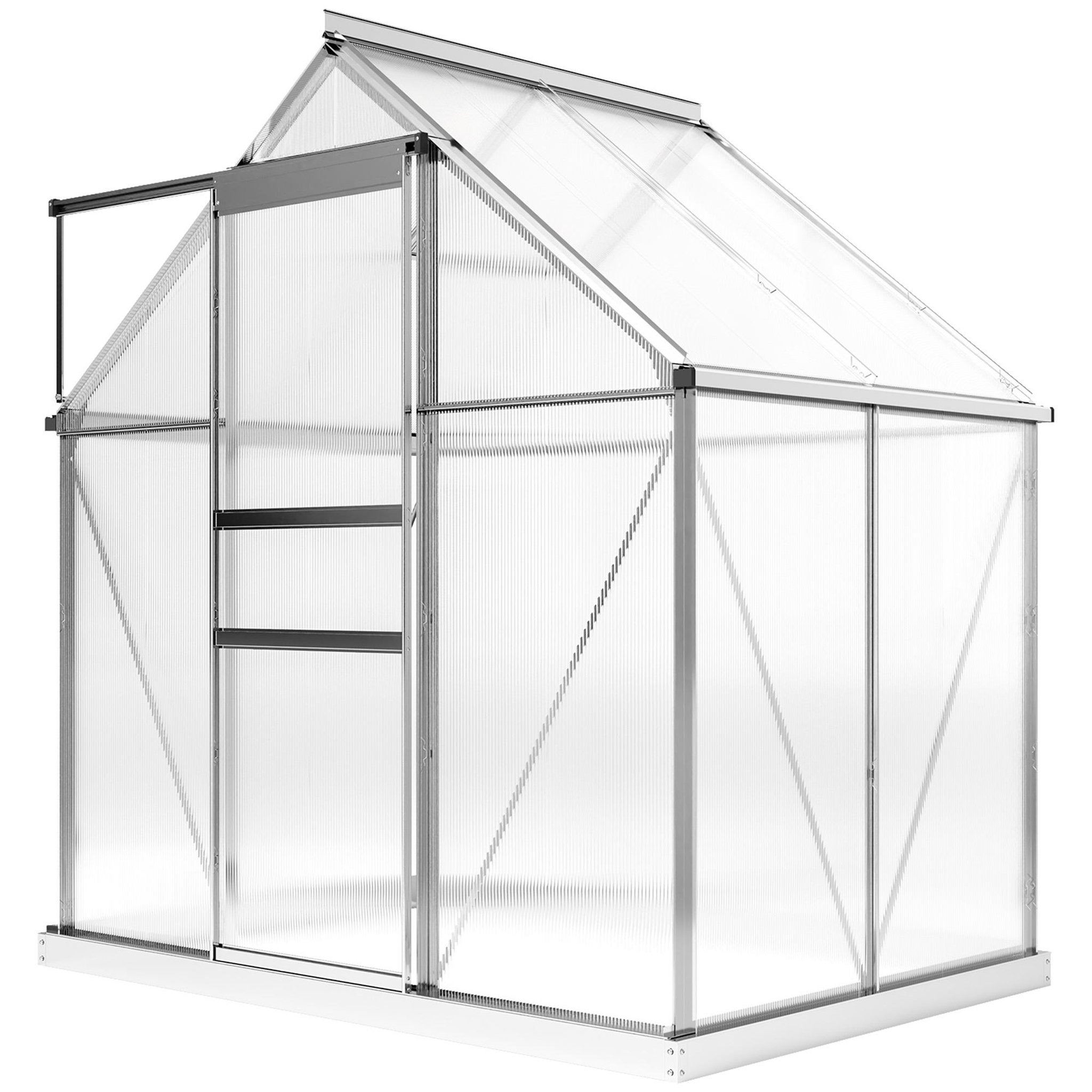 Voir la diapositive 5 : OUTSUNNY Serre de jardin aluminium polycarbonate 2,5 m² dim. 1,92L x 1,31l x 2H m lucarne réglable fondation porte coulissante