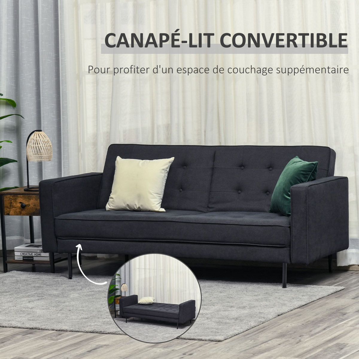 HOMCOM Canapé convertible 2 places style Chesterfield capitonné dossier inclinable 3 positions tissu gris foncé