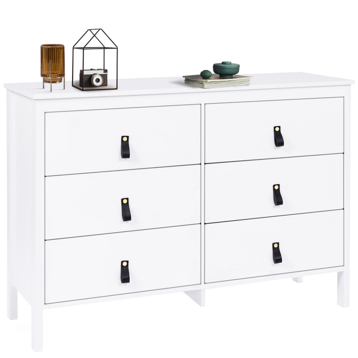 ID MARKET Commode 6 tiroirs MILANO 115 cm bois blanc avec poignée languette noire