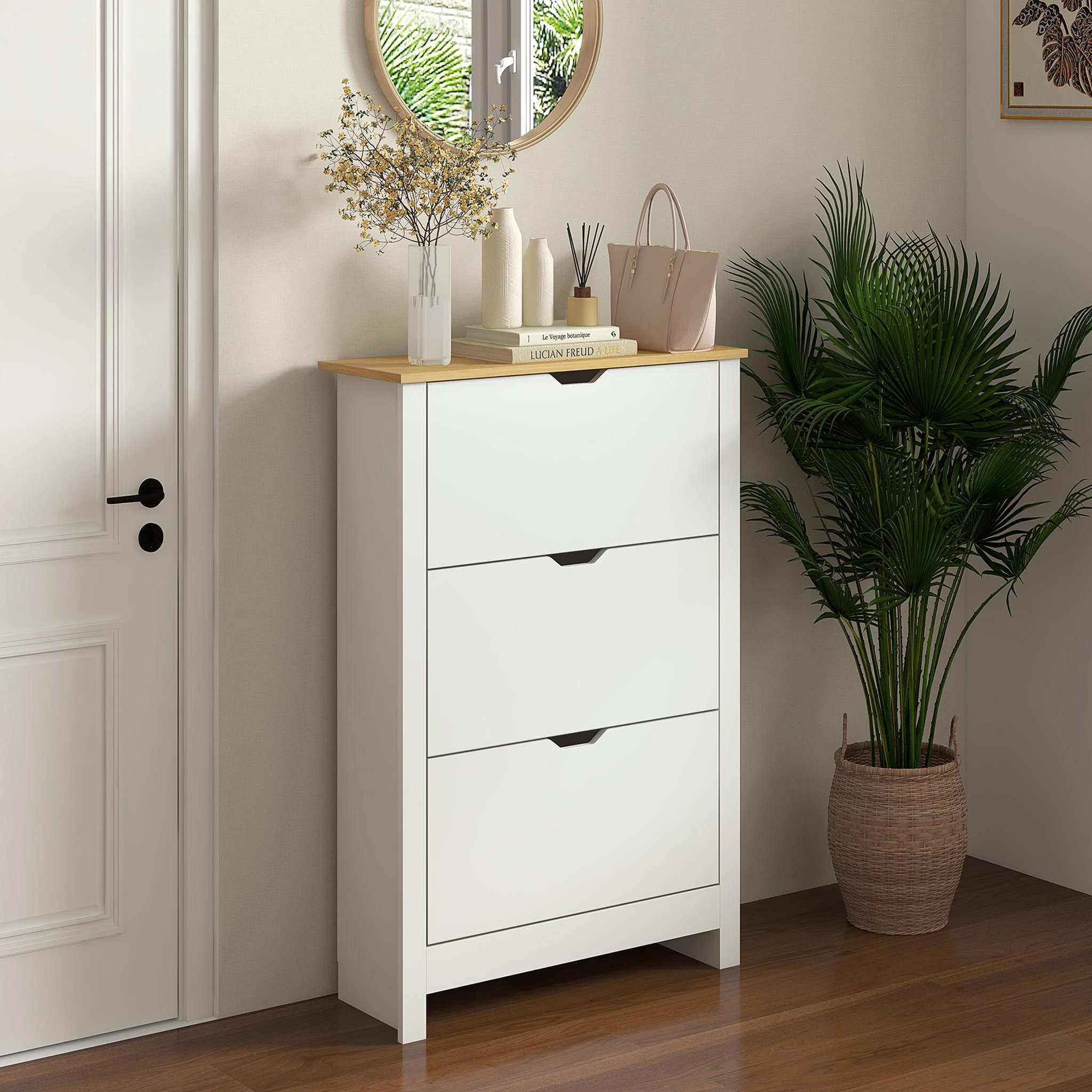 Voir la diapositive 3 : HOMCOM Armoire à chaussures 3 portes abattantes 2 compartiments panneaux particules blanc chêne