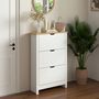 Voir la diapositive 3 : HOMCOM Armoire à chaussures 3 portes abattantes 2 compartiments panneaux particules blanc chêne