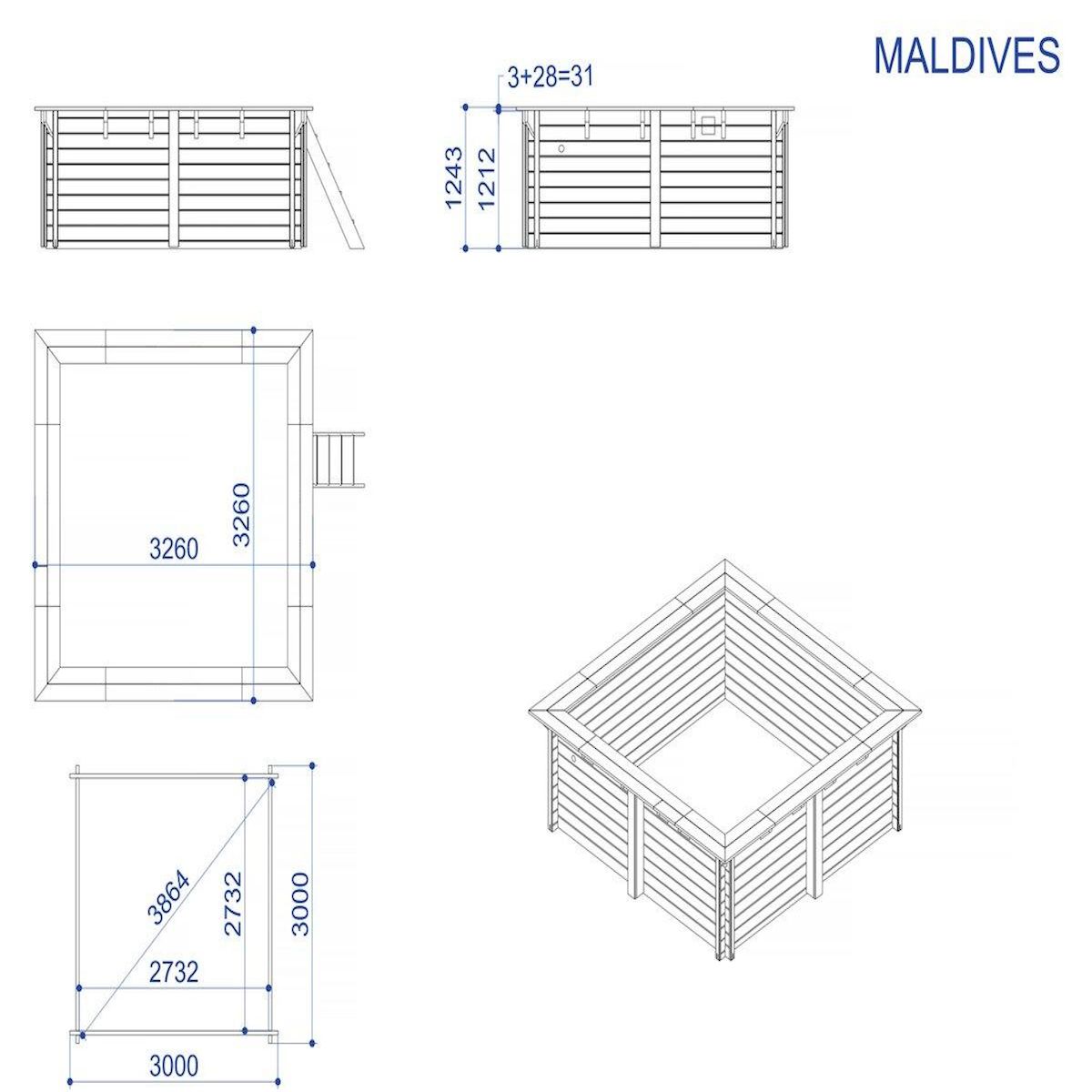 Habitat et Jardin Piscine bois rectangle   Maldives   - 3.20 x 3.20 x 1.24  m + Mini pompe à chaleur 3.5kW - Métal - Gris