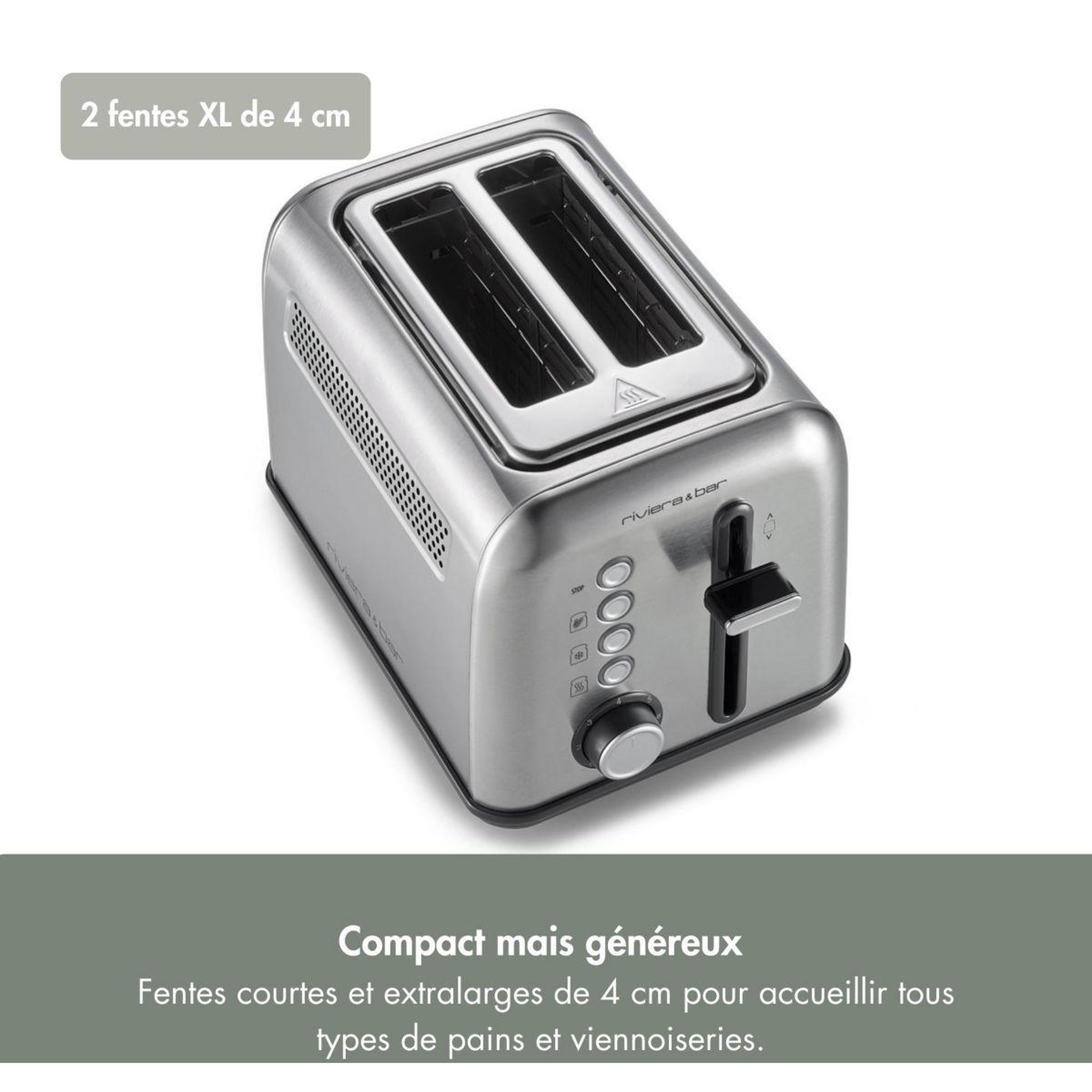 Voir la diapositive 4 : Riviera & Bar Grille-pain 2 fentes courtes inox brossé 900 w riviera & bar qgp220, 7 niveaux de brunissage, décongélation et réchauffage, arrêt automatique