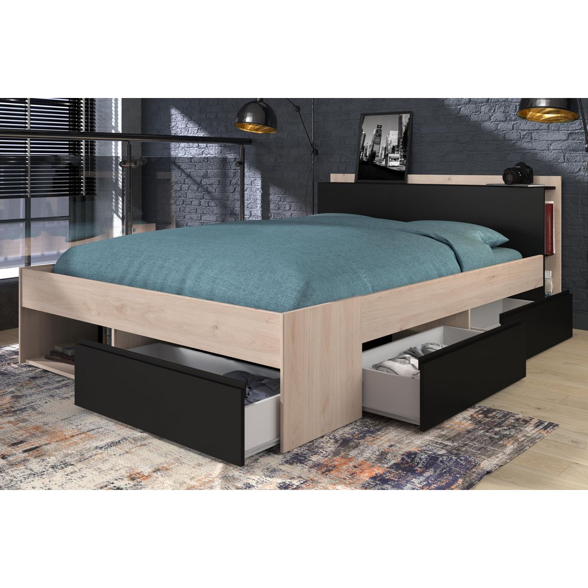 Lit double adulte 160x200 cm avec rangements BOOST