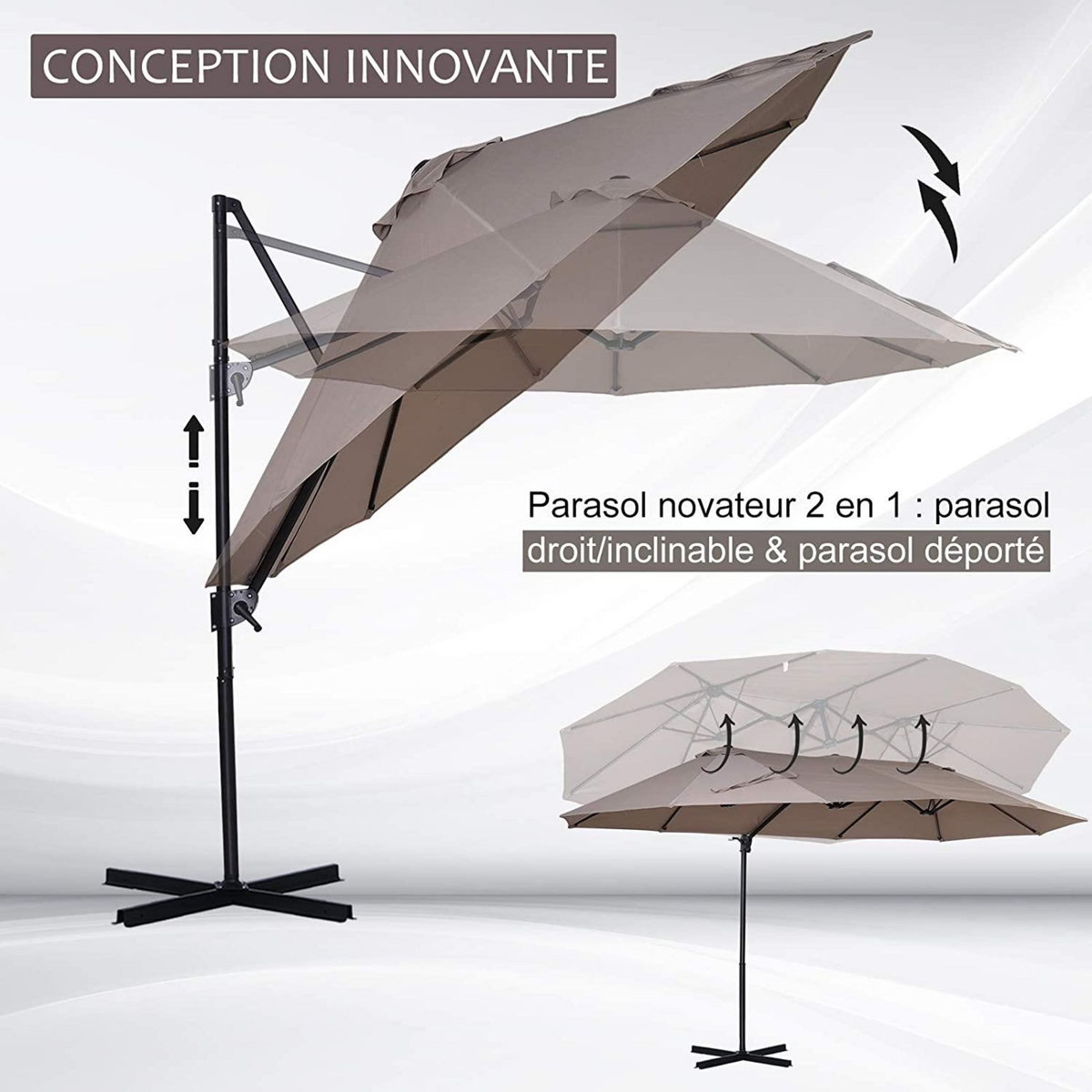 OUTSUNNY Parasol déporté grande taille XXL inclinable dim. 4,4L x 2,7l x 2,5H m piètement en acier inclus polyester marron