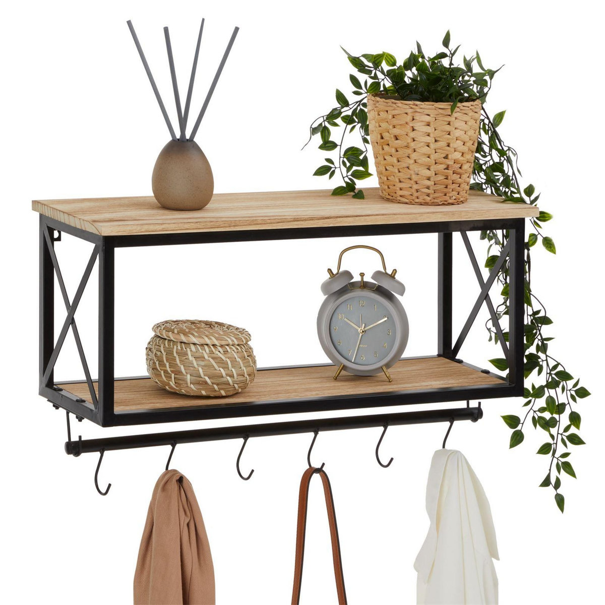 IDIMEX Porte-manteaux mural ARMANDO, avec 2 étagères en bois et cadre en métal
